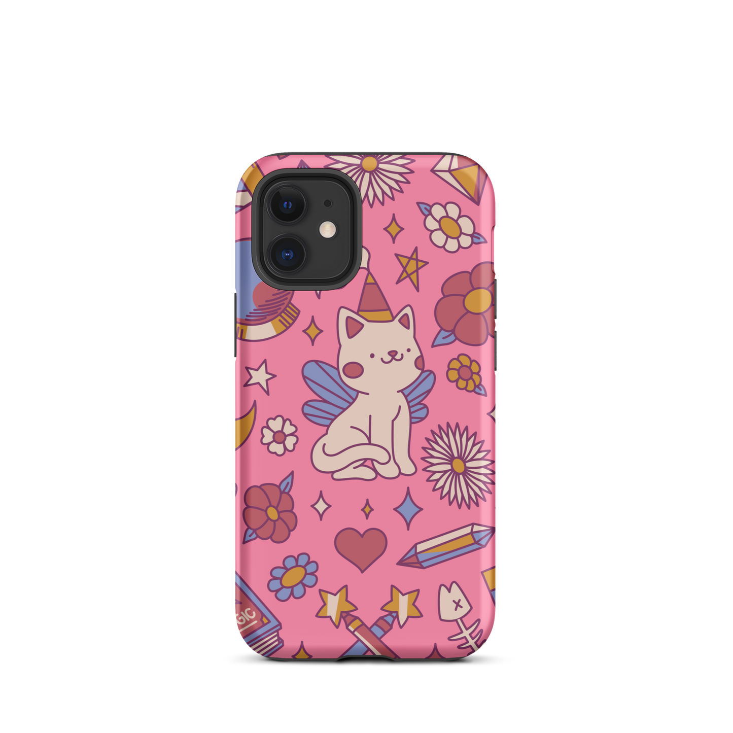A seamless pattern featuring a magical winged kitten surrounded by crystals, flowers, tarot cards, mushrooms and other mystical elements in soft pastel tones. A playful and whimsical design with a cute, magical vibe.