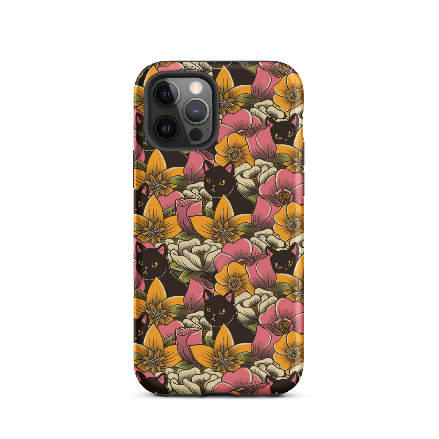The image features a repeating pattern of colorful flowers in pink, yellow, and cream hues with lush green foliage. Interspersed among the flowers are playful black cats with bright eyes. The design has a whimsical and vibrant feel, ideal for various products like t-shirts, stickers, coffee cups, and skateboards. The style is reminiscent of traditional floral art blended with playful elements of animal decor.