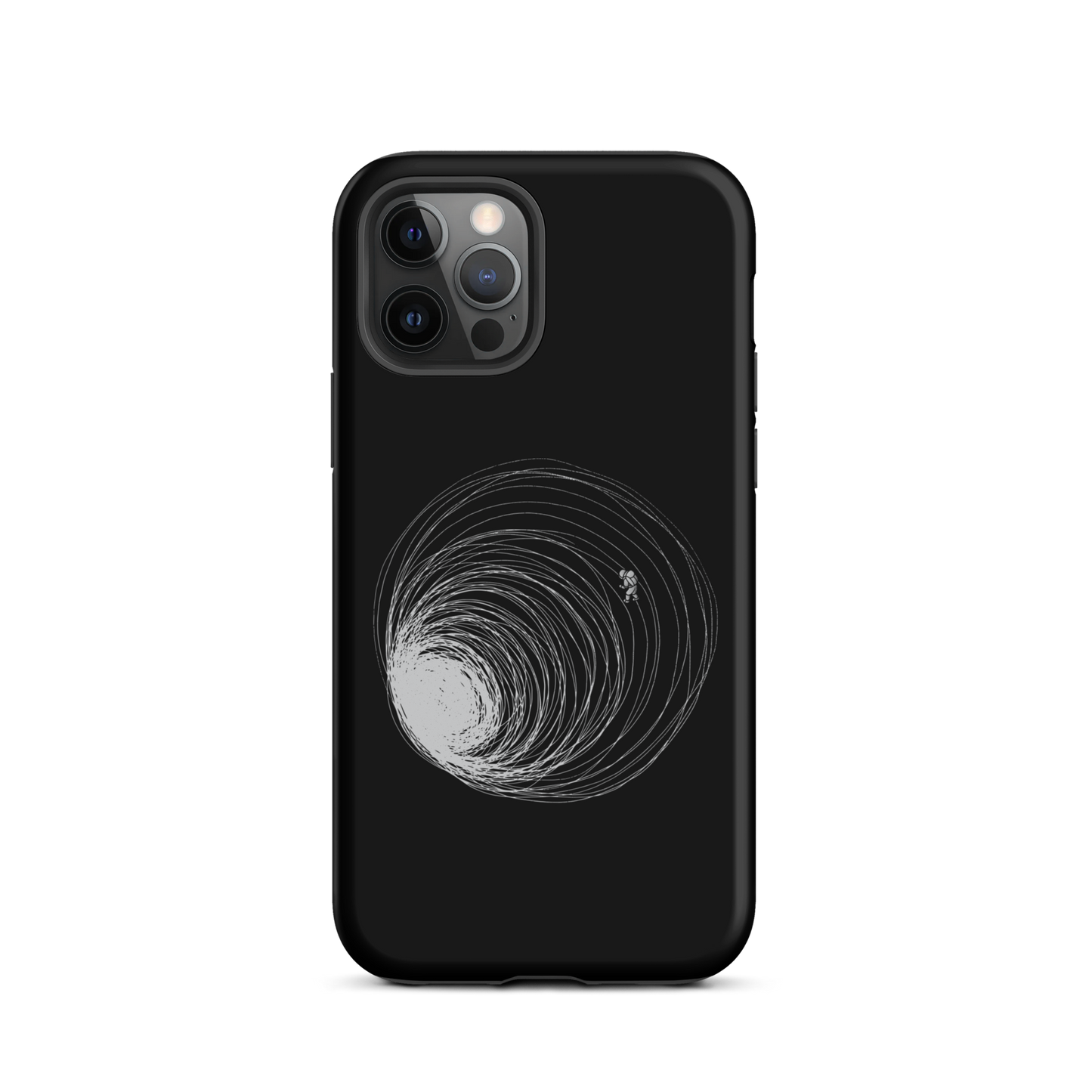 A big black hole with an astronaut floating around as if being sucked into it. A minimalist art perfect for those who love space.