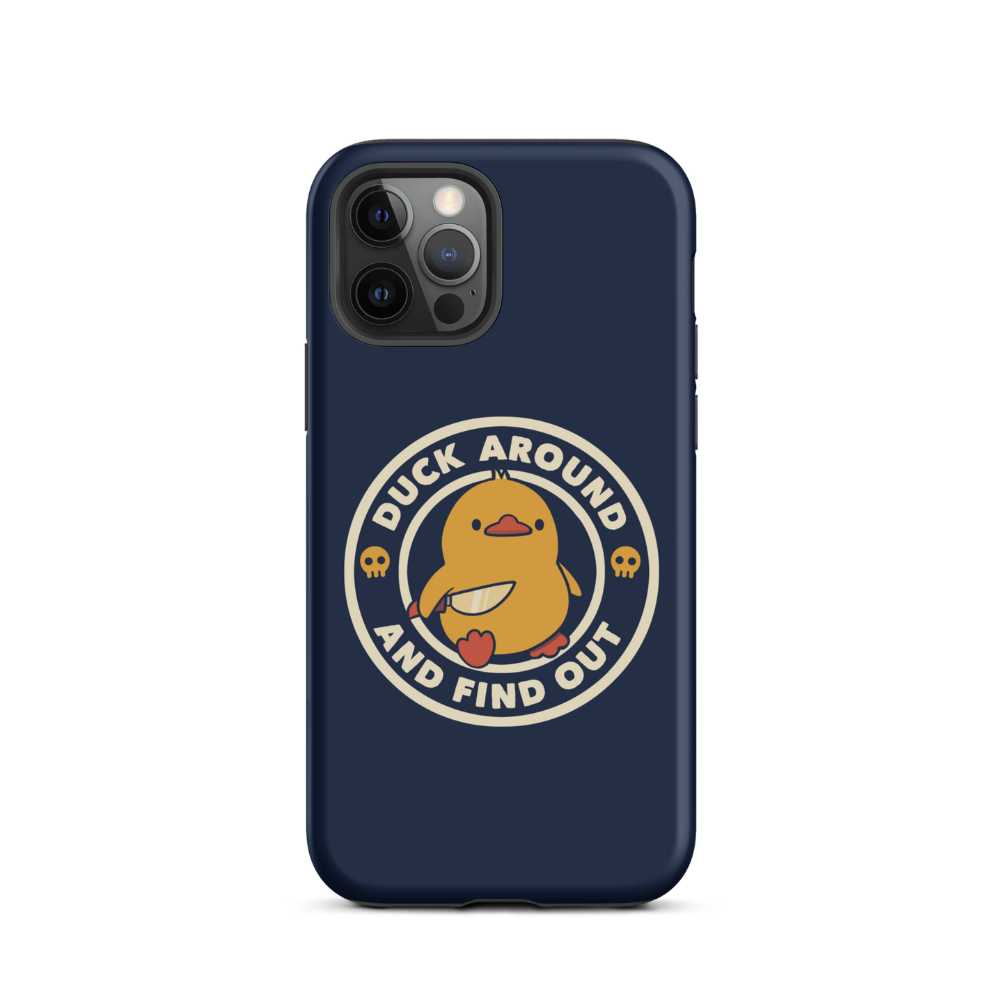 A cute yellow duck holding a small knife, around it the text "Duck Around And Find Out". An art that mixes humor with the temperament of ducks.