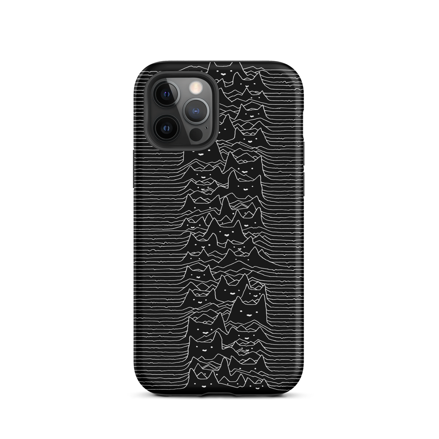 The drawing is a series of continuous wavy lines forming a pattern reminiscent of sound waves or topographic maps, but with an unexpected twist: the lines create the shapes of numerous cat faces stacked vertically. Each cat has simple, expressive features with pointed ears, adding a whimsical element to the otherwise structured pattern.