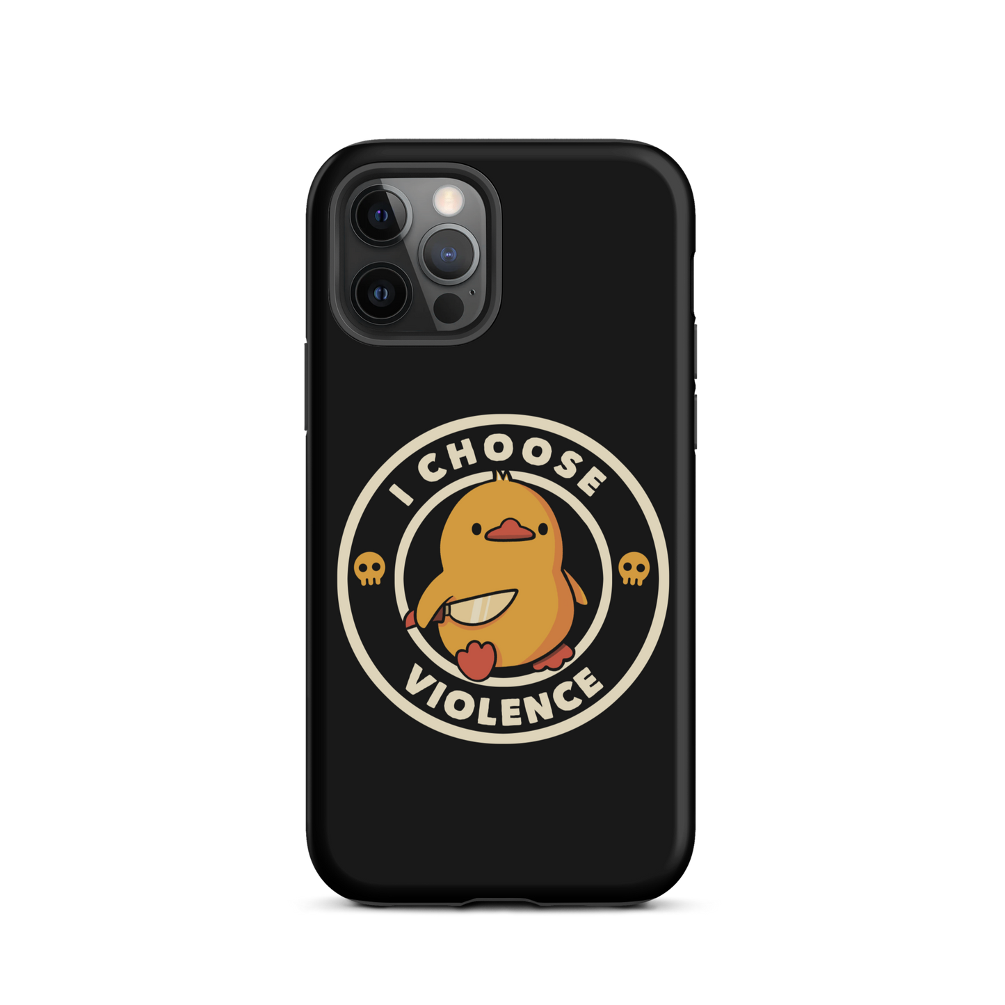 A cute, cartoon-style yellow duckling stands confidently holding a large knife in its wing. The duckling is encircled by text saying 'I CHOOSE VIOLENCE' in bold white letters. Small skull symbols flank the chick on either side, adding a touch of humor and irony to the otherwise adorable drawing.