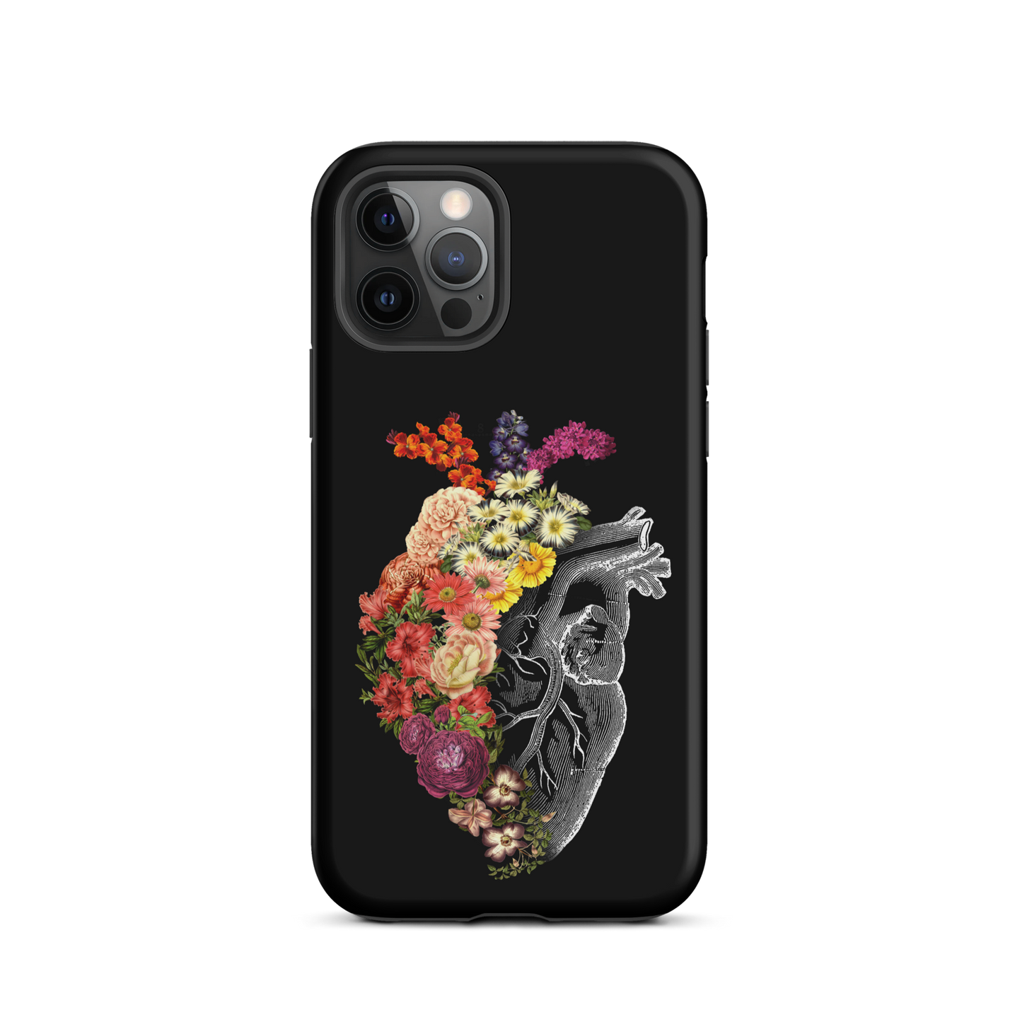 The design is an intricate and anatomical drawing of a human heart on a black background. The left side of the heart morphs into a vibrant assortment of colorful flowers, including roses, daisies, and other blooming blossoms, creating a striking contrast between the realistic and the surreal, symbolizing the harmony between nature and humanity.