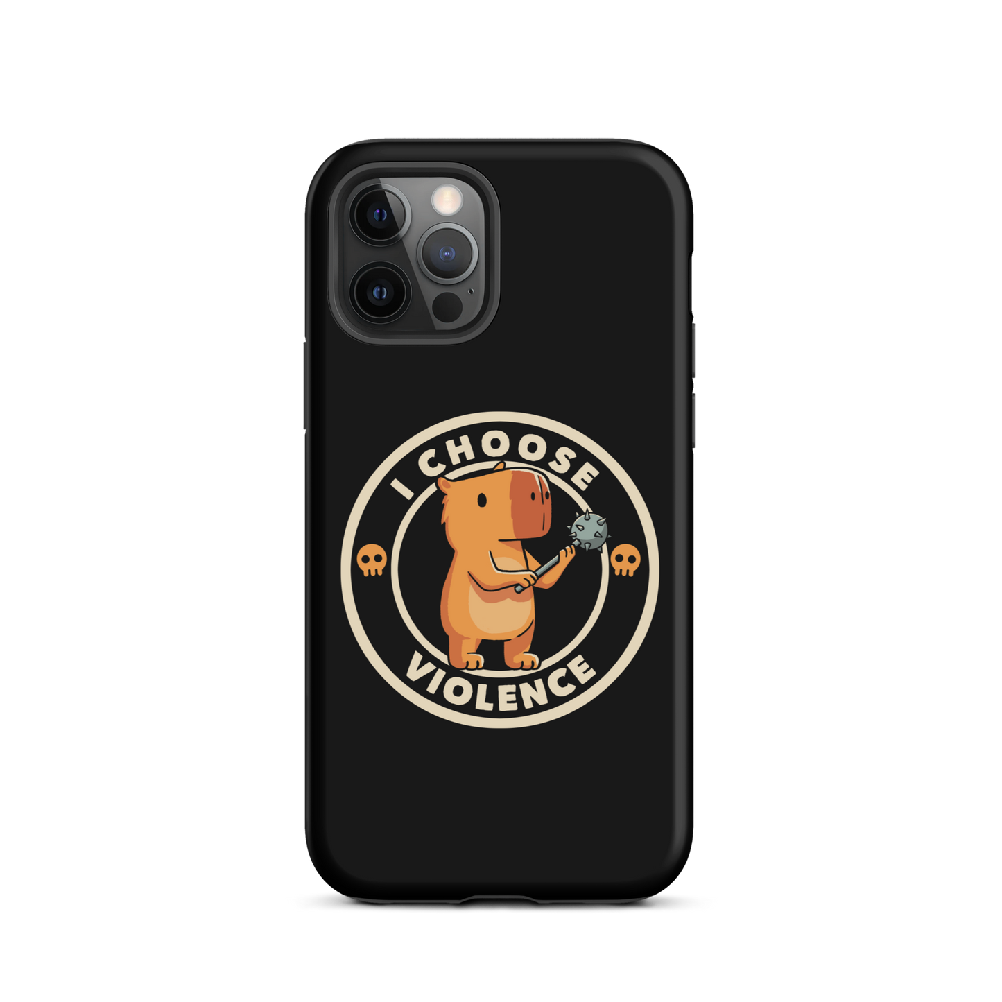 A cute, cartoonish burnt yellow capybara stands holding a spiked mace with a determined expression. Surrounding it is a circular design with the text 'I CHOOSE VIOLENCE' and two small skulls on either side, giving it a humorous yet ironic tone.