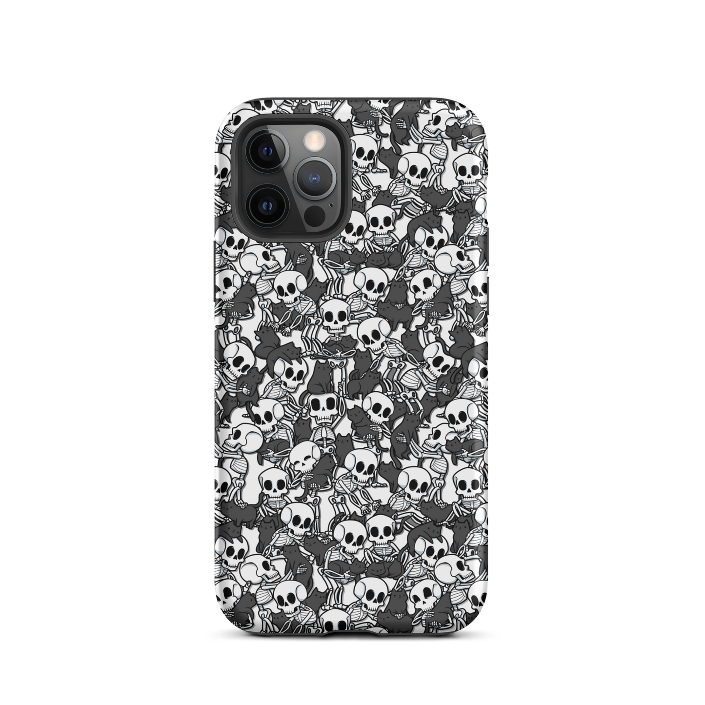 This artwork shows a playful pattern of cartoon skeletons cuddling and interacting with adorable black cats. It blends spooky charm with cozy, humorous vibes, creating a perfect aesthetic between macabre and cute. Ideal for fans of Halloween, gothic aesthetics, or anyone who loves fun prints with personality.