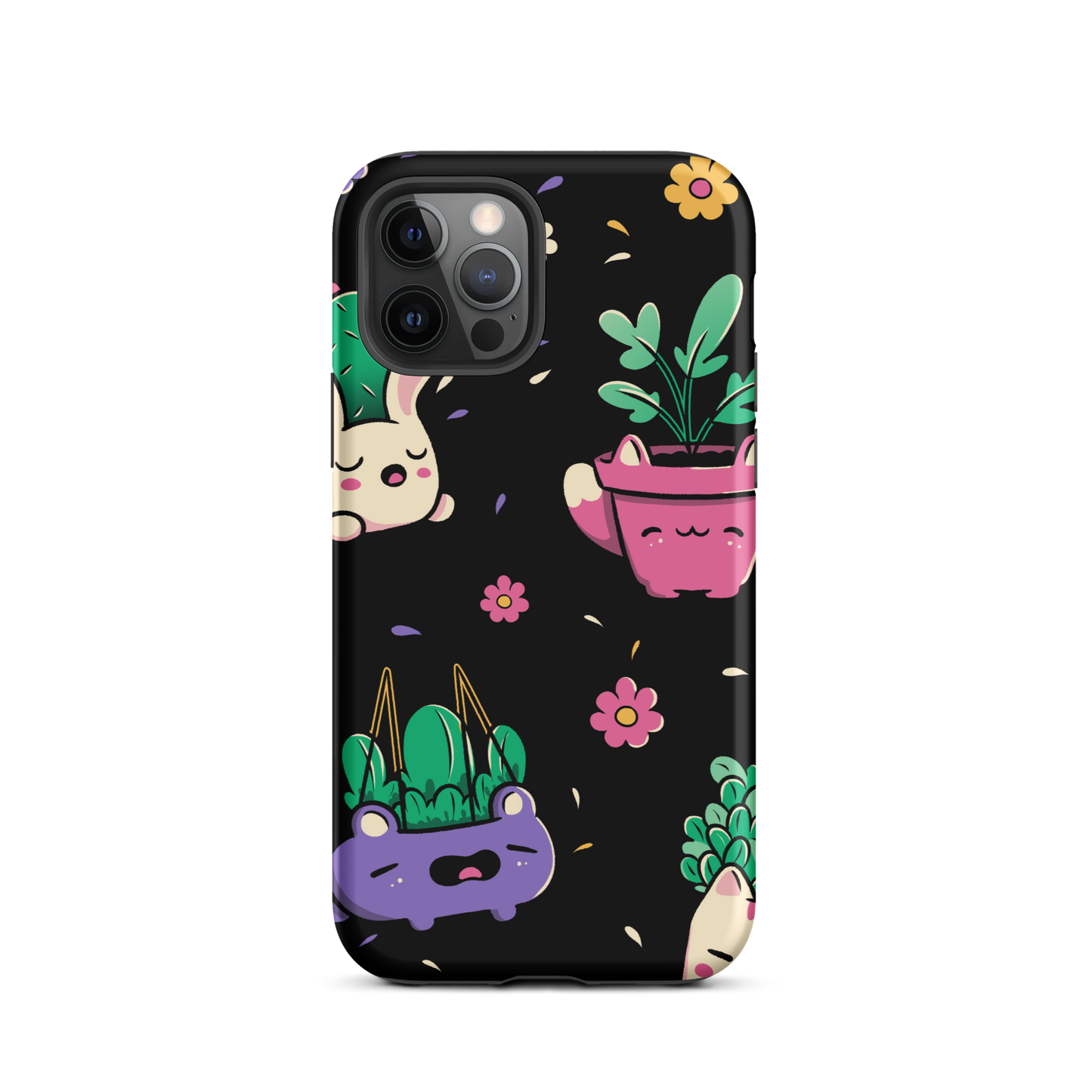 An endearing pattern featuring petite potted plants creatively shaped like adorable animals, arranged in a charming repeating composition. This enchanting design is perfect for plant enthusiasts who adore greenery and love surrounding themselves with whimsical, nature-inspired details.