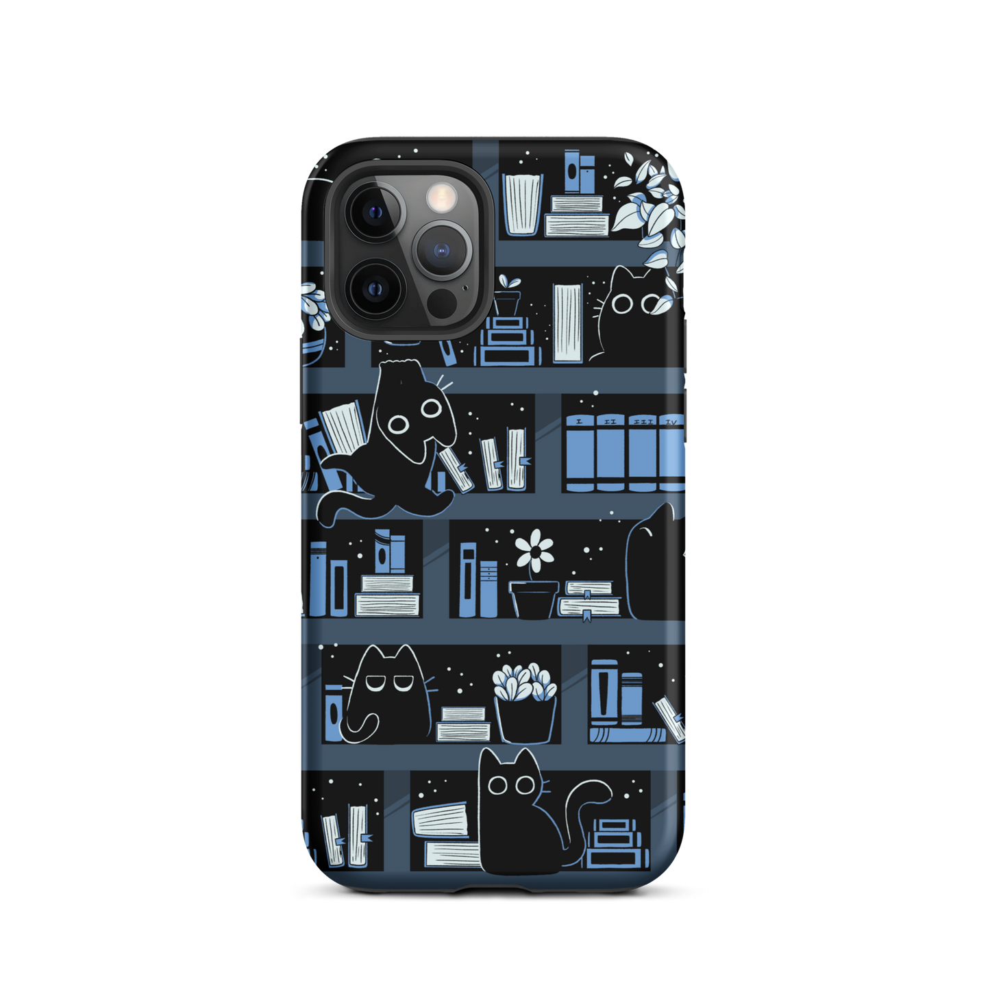 A pattern designed to resemble one large bookshelf filled with books, plants and playful little black kittens tucked between the shelves. An artwork in shades of black and blue, perfect for those who love cats, books and plants.