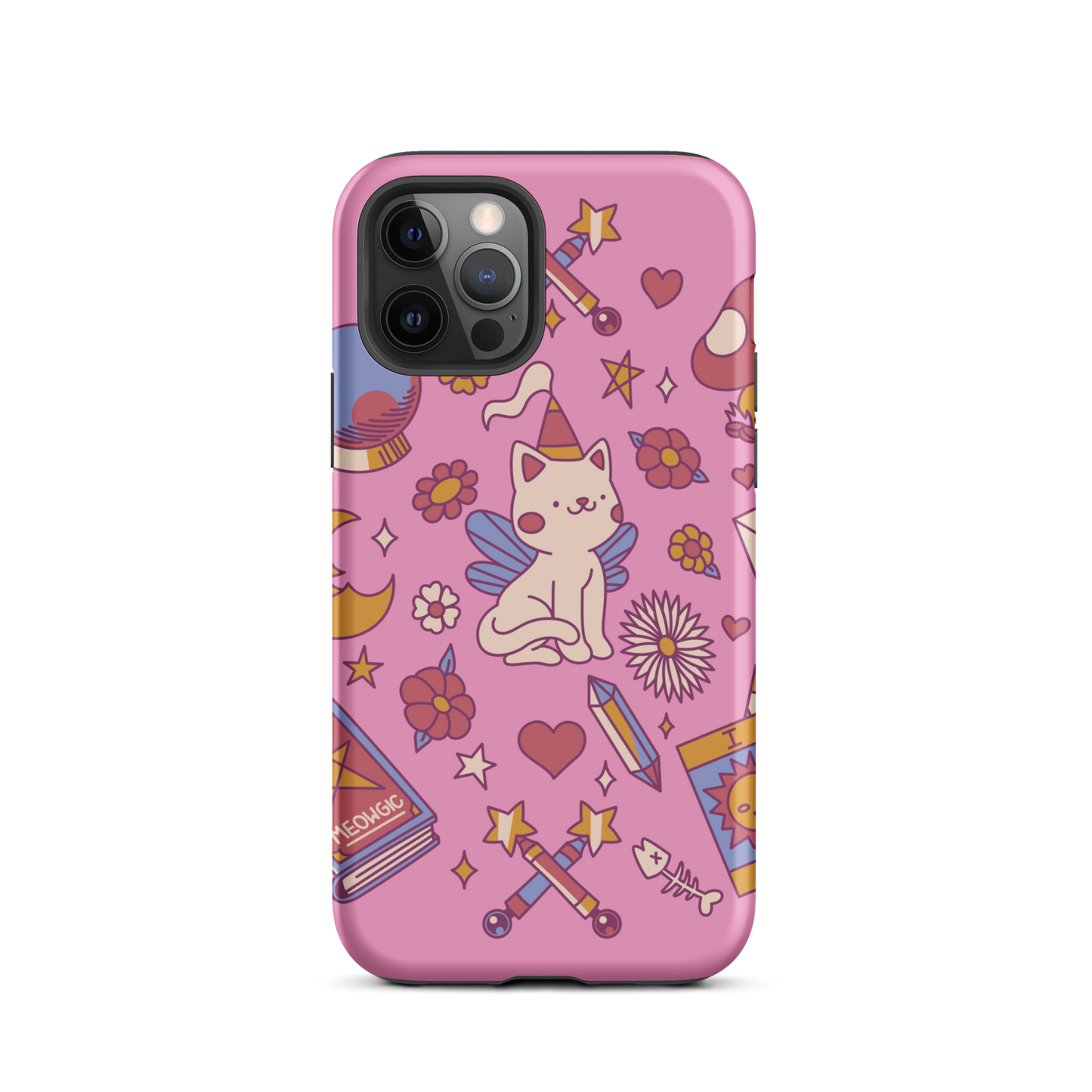 The artwork depicts a magical kitten with wings and a little hat, surrounded by crystals, flowers, tarot cards, mushrooms, and mystical elements in pastel shades. The design blends cute fantasy with colorful witchy aesthetics, creating an enchanting, lighthearted composition full of fun details. Perfect for lovers of cute mysticism, tarot, magical cats, and anyone who enjoys colorful prints with a magical vibe.