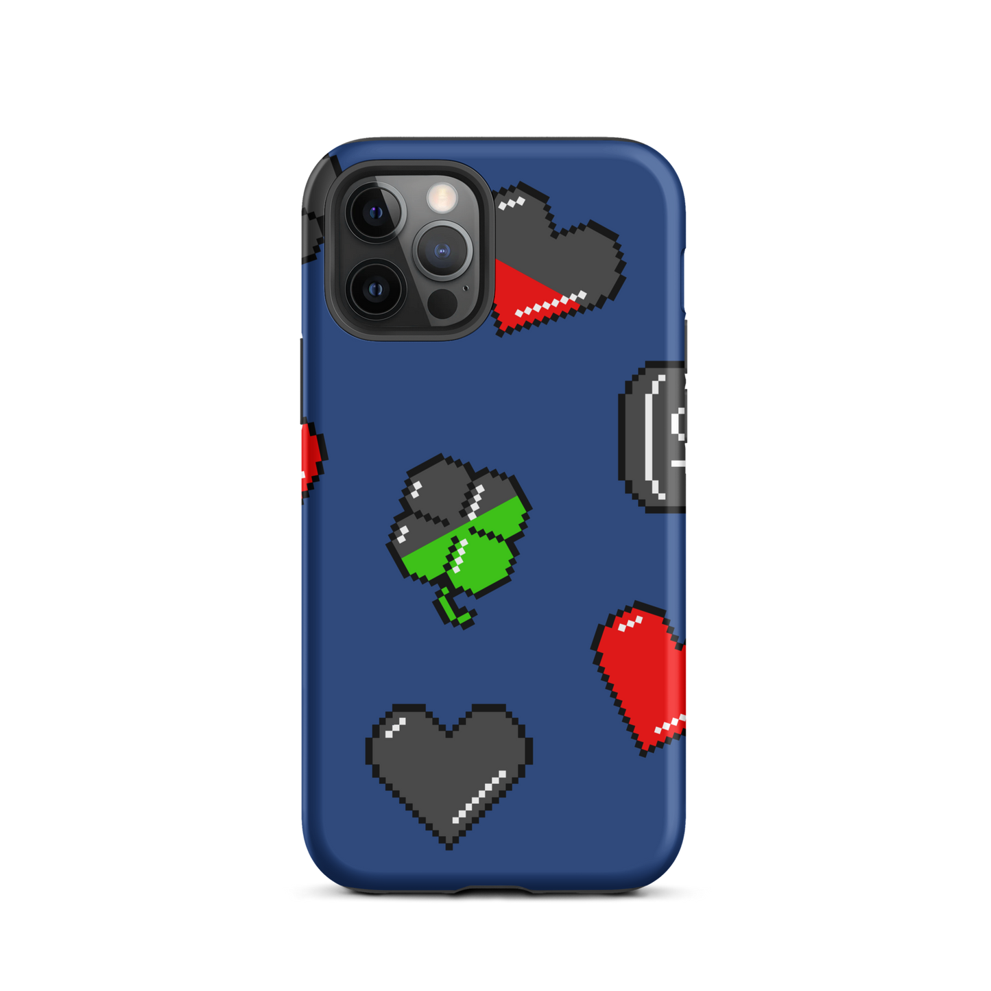A repeating pattern made of 8-bit video game icons like hearts, four-leaf clovers, and coins. A nostalgic pixel art design inspired by classic games and retro digital culture.