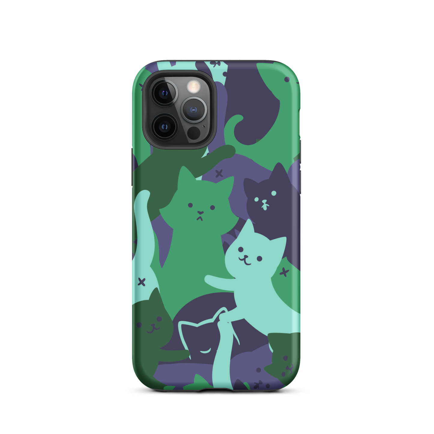 A playful pattern featuring multiple kittens in shades of green and blue, arranged to create a soft camouflage effect. This design blends cute cats with a modern pattern aesthetic, perfect for fans of fun, stylish, and whimsical art.