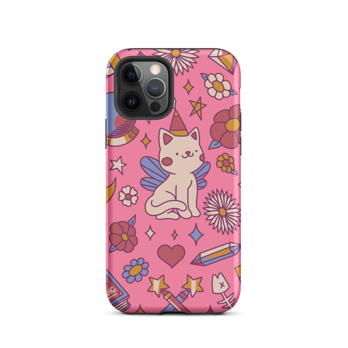 A seamless pattern featuring a magical winged kitten surrounded by crystals, flowers, tarot cards, mushrooms and other mystical elements in soft pastel tones. A playful and whimsical design with a cute, magical vibe.