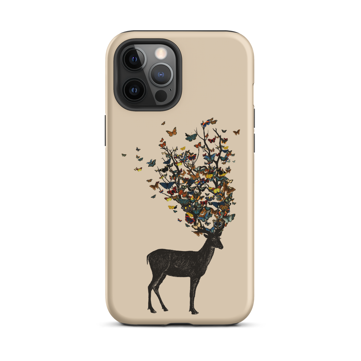 The image depicts a dark, silhouetted deer standing on a neutral background. Instead of branches, its antlers transform into a swirling cloud of vibrant, colorful butterflies that extend upwards and outward. The mix of organic and ethereal elements creates a captivating and whimsical visual contrast.