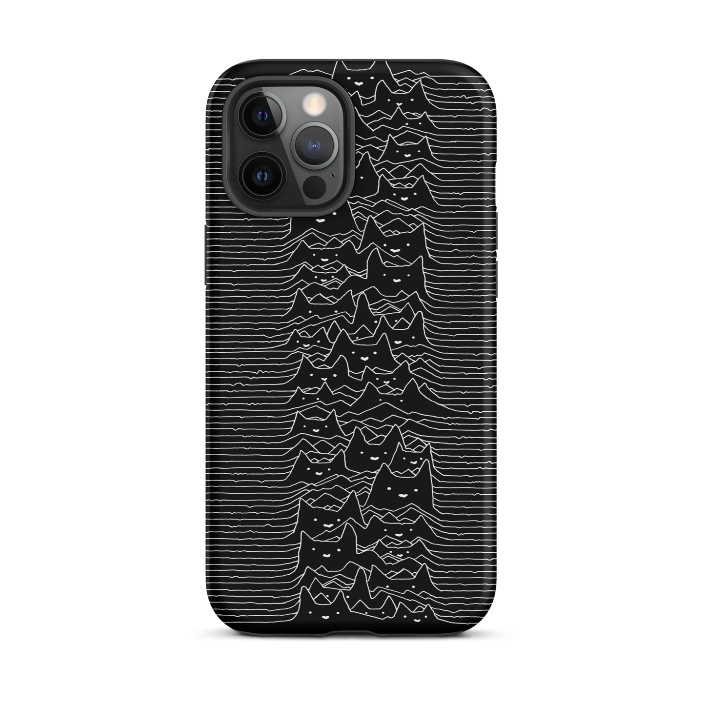 The drawing is a series of continuous wavy lines forming a pattern reminiscent of sound waves or topographic maps, but with an unexpected twist: the lines create the shapes of numerous cat faces stacked vertically. Each cat has simple, expressive features with pointed ears, adding a whimsical element to the otherwise structured pattern.