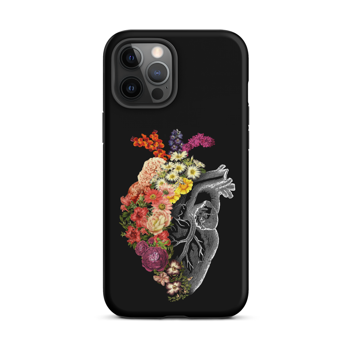 The design is an intricate and anatomical drawing of a human heart on a black background. The left side of the heart morphs into a vibrant assortment of colorful flowers, including roses, daisies, and other blooming blossoms, creating a striking contrast between the realistic and the surreal, symbolizing the harmony between nature and humanity.