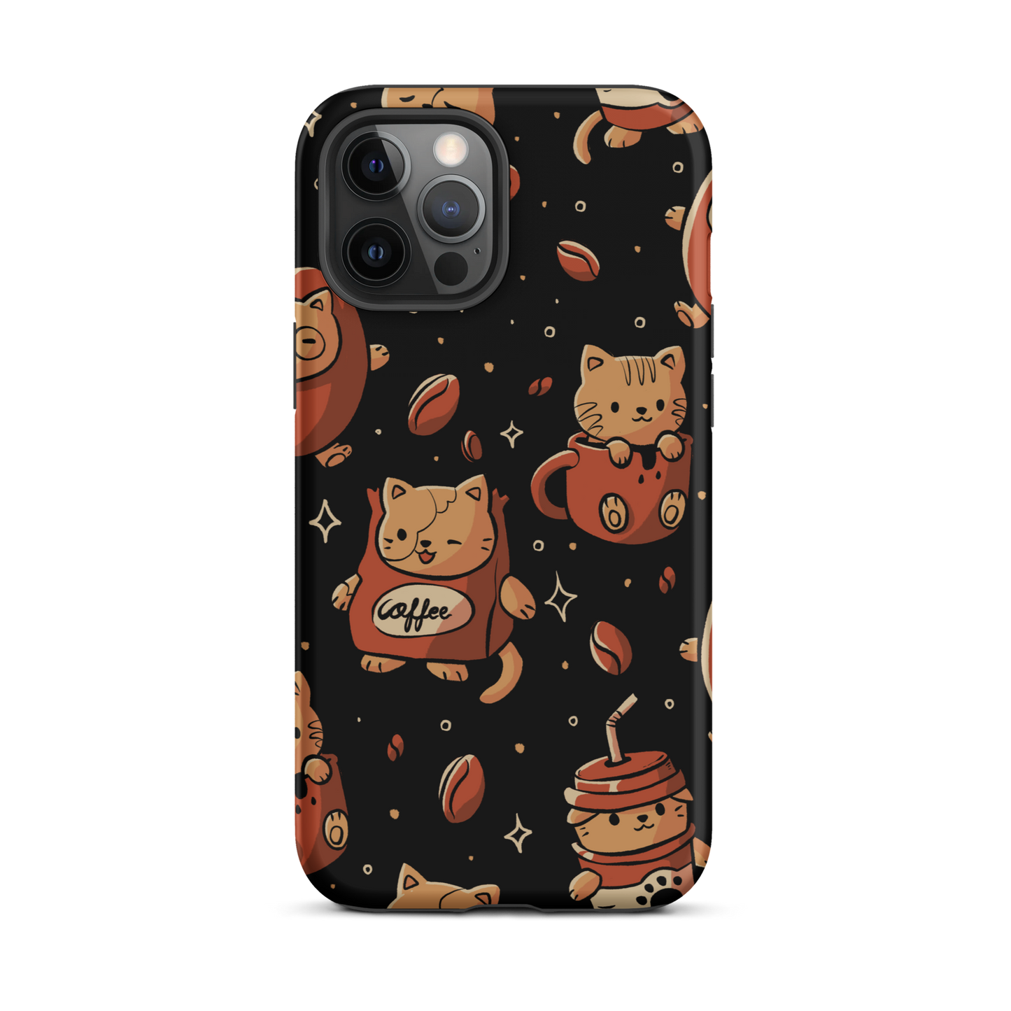 A pattern featuring several cute kittens appears in different coffee-themed versions: inside cups, as coffee beans, and on playful packaging. This artwork combines a love for cats and coffee in a charming and humorous composition. Perfect for cat lovers, coffee lovers, baristas, and anyone who enjoys cute and cozy designs.