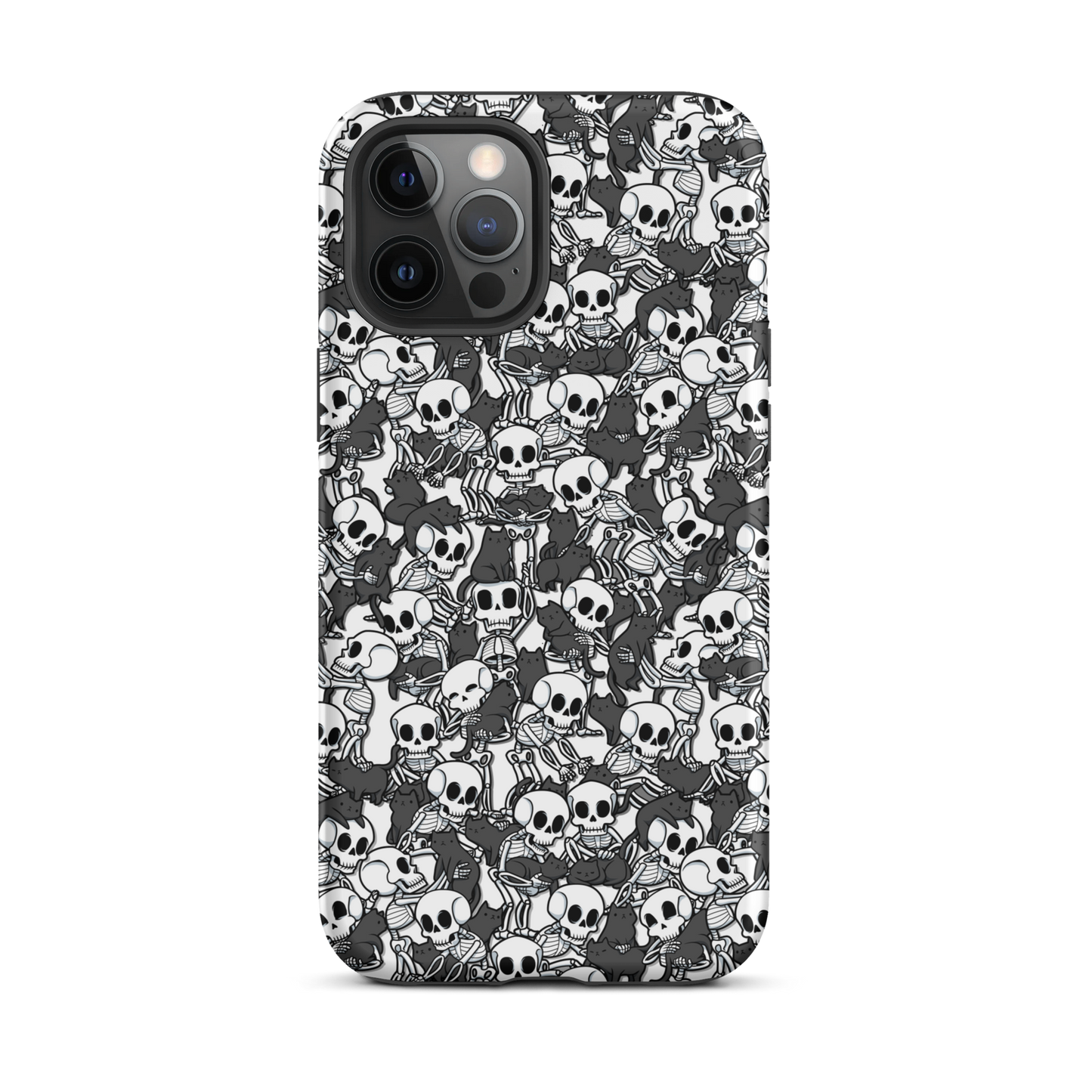 This artwork shows a playful pattern of cartoon skeletons cuddling and interacting with adorable black cats. It blends spooky charm with cozy, humorous vibes, creating a perfect aesthetic between macabre and cute. Ideal for fans of Halloween, gothic aesthetics, or anyone who loves fun prints with personality.