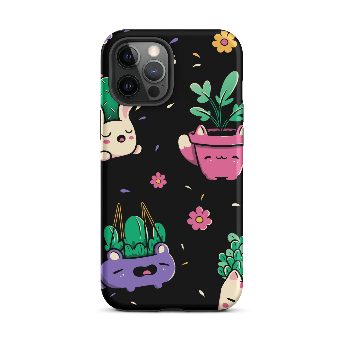 An endearing pattern featuring petite potted plants creatively shaped like adorable animals, arranged in a charming repeating composition. This enchanting design is perfect for plant enthusiasts who adore greenery and love surrounding themselves with whimsical, nature-inspired details.