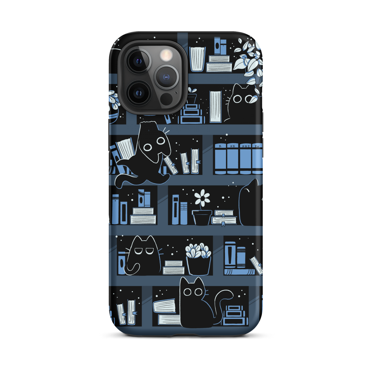 A pattern designed to resemble one large bookshelf filled with books, plants and playful little black kittens tucked between the shelves. An artwork in shades of black and blue, perfect for those who love cats, books and plants.