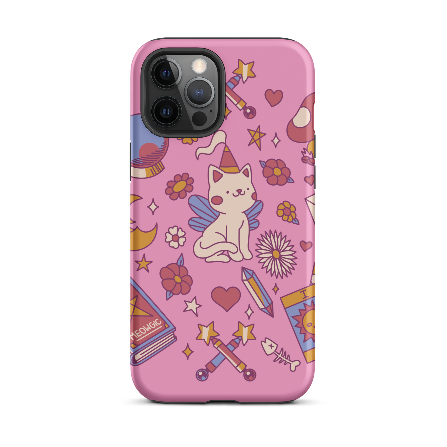 The artwork depicts a magical kitten with wings and a little hat, surrounded by crystals, flowers, tarot cards, mushrooms, and mystical elements in pastel shades. The design blends cute fantasy with colorful witchy aesthetics, creating an enchanting, lighthearted composition full of fun details. Perfect for lovers of cute mysticism, tarot, magical cats, and anyone who enjoys colorful prints with a magical vibe.