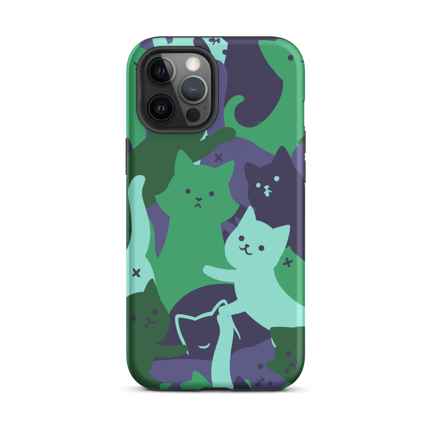 A playful pattern featuring multiple kittens in shades of green and blue, arranged to create a soft camouflage effect. This design blends cute cats with a modern pattern aesthetic, perfect for fans of fun, stylish, and whimsical art.