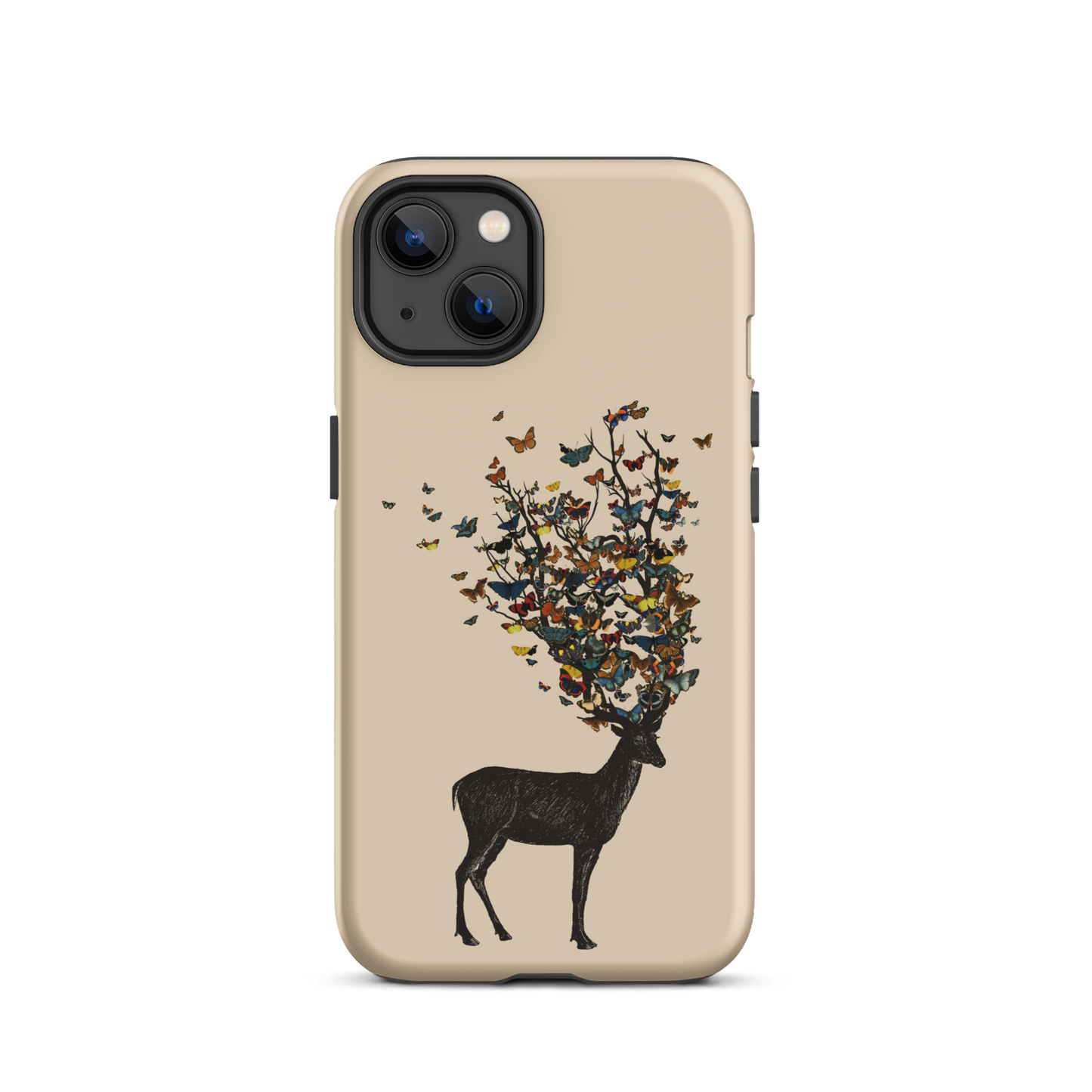 The image depicts a dark, silhouetted deer standing on a neutral background. Instead of branches, its antlers transform into a swirling cloud of vibrant, colorful butterflies that extend upwards and outward. The mix of organic and ethereal elements creates a captivating and whimsical visual contrast.
