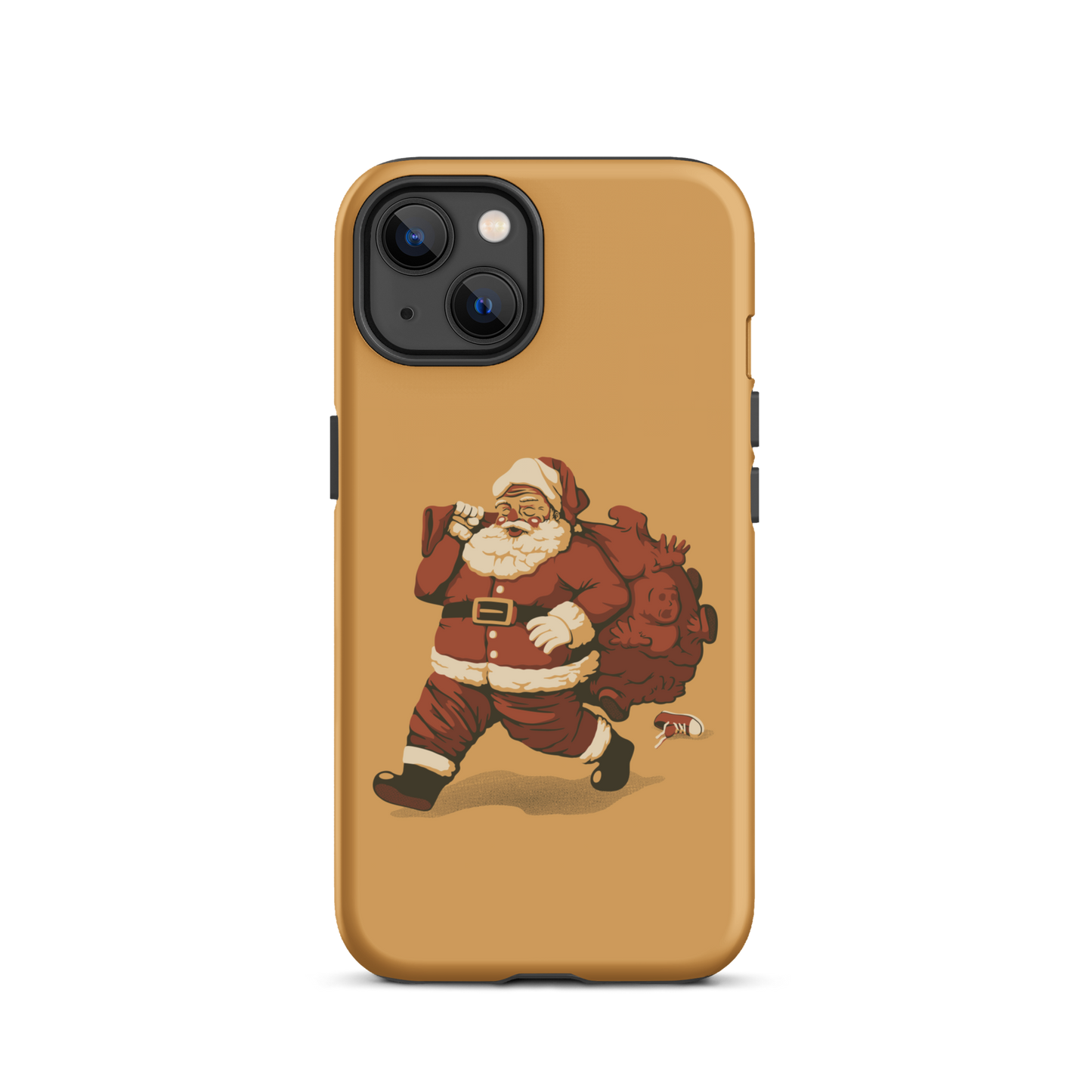 A cute Santa Claus carrying a red bag full of what appear to be gifts, but when you look closer you can see that there are several little boys. A fun art that mixes up the story that the good boys are going to get charcoal from Santa, but this time Santa is taking them.