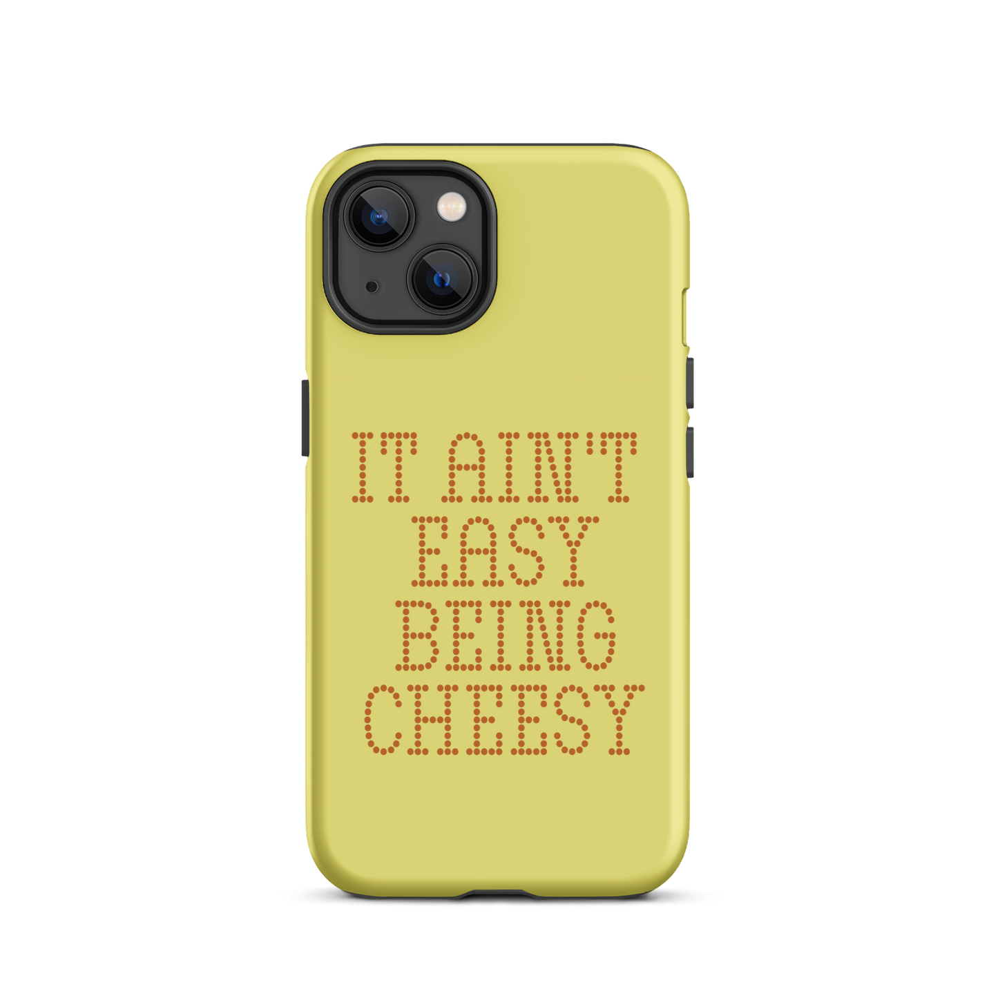 Bold dotted typography spells out ‘It Ain’t Easy Being Cheesy’ in a playful retro style on a yellow background. This funny design mixes wordplay with foodie humor, perfect for pun lovers, cheese fans, retro humor enthusiasts, and anyone who embraces the cringe with pride. A great quirky gift for cheese lovers and humor fans alike.