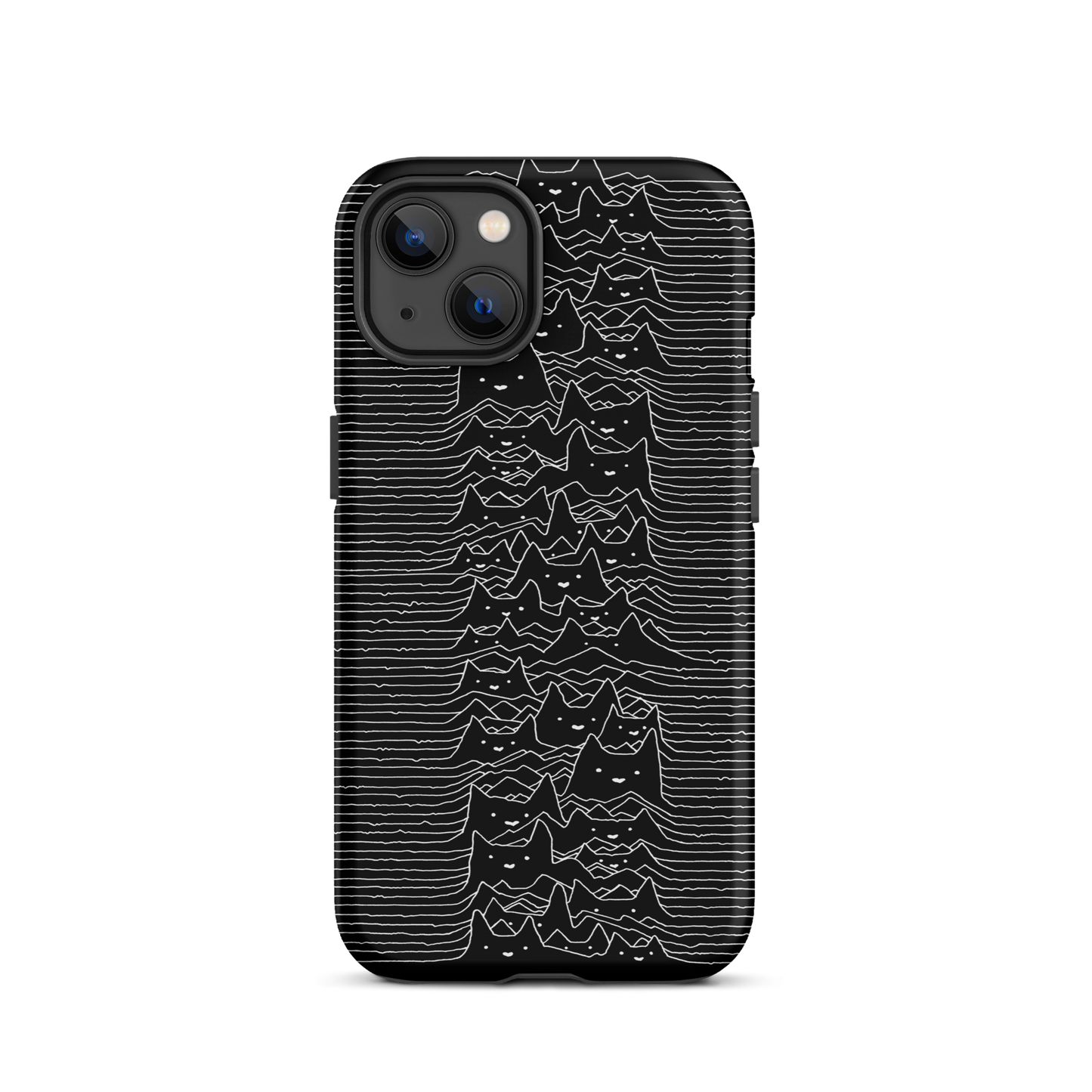 The drawing is a series of continuous wavy lines forming a pattern reminiscent of sound waves or topographic maps, but with an unexpected twist: the lines create the shapes of numerous cat faces stacked vertically. Each cat has simple, expressive features with pointed ears, adding a whimsical element to the otherwise structured pattern.