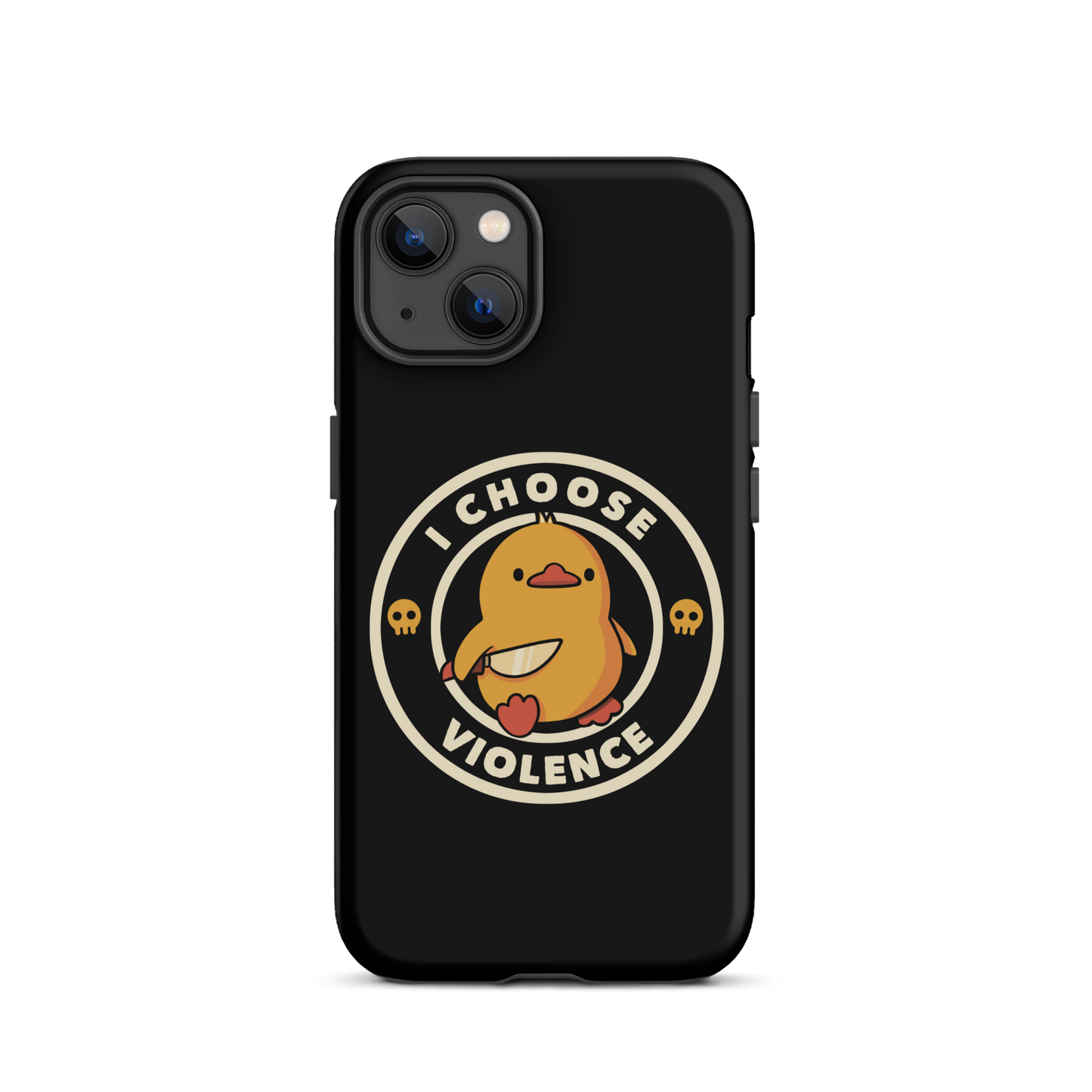 A cute, cartoon-style yellow duckling stands confidently holding a large knife in its wing. The duckling is encircled by text saying 'I CHOOSE VIOLENCE' in bold white letters. Small skull symbols flank the chick on either side, adding a touch of humor and irony to the otherwise adorable drawing.