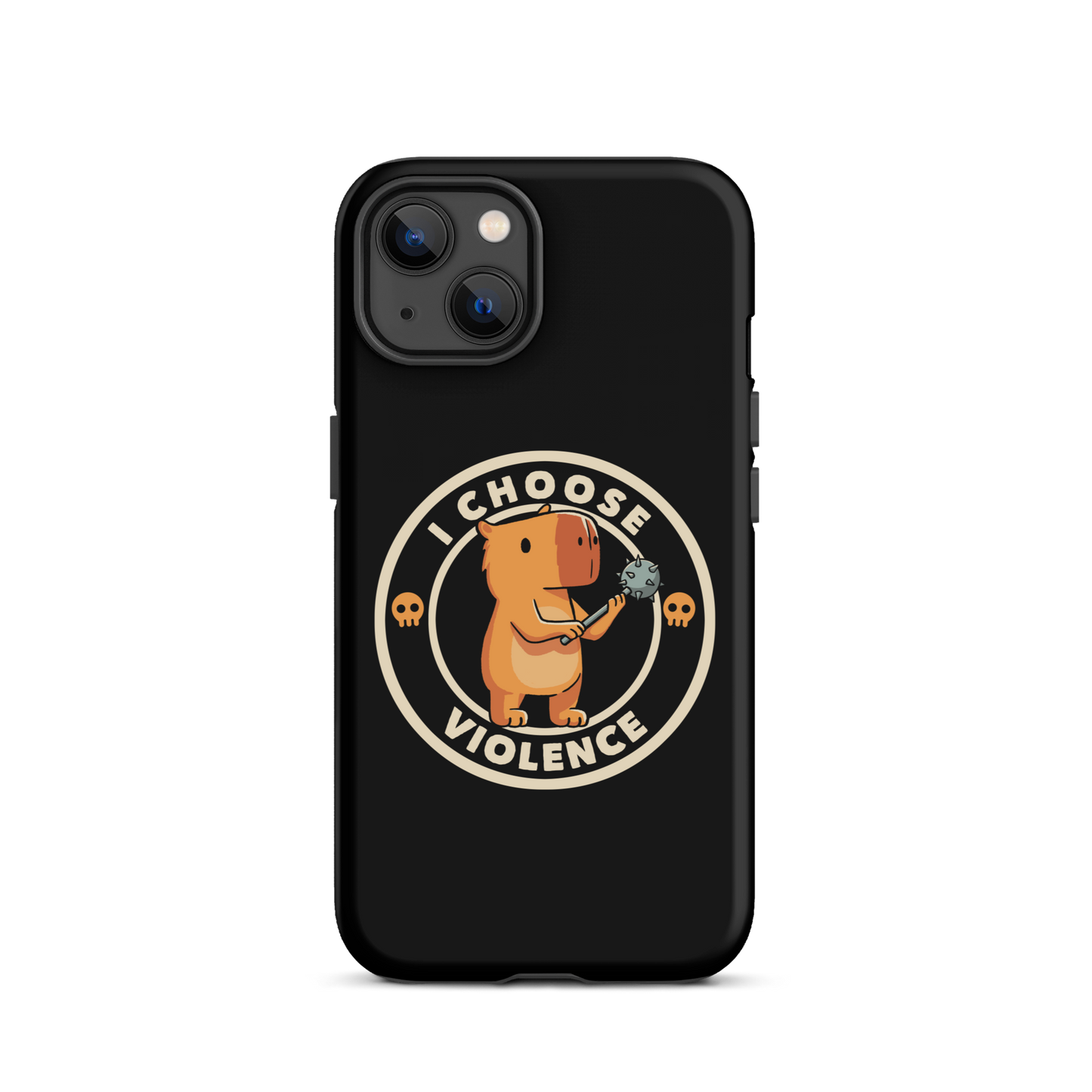 A cute, cartoonish burnt yellow capybara stands holding a spiked mace with a determined expression. Surrounding it is a circular design with the text 'I CHOOSE VIOLENCE' and two small skulls on either side, giving it a humorous yet ironic tone.