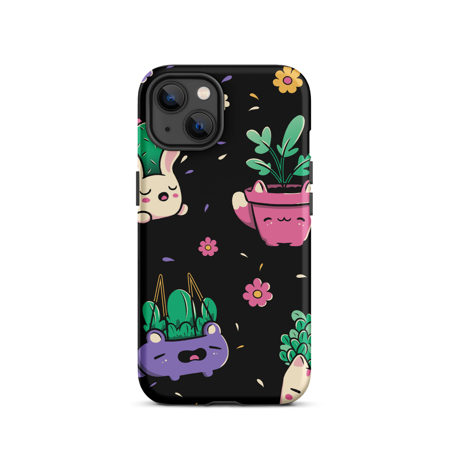 An endearing pattern featuring petite potted plants creatively shaped like adorable animals, arranged in a charming repeating composition. This enchanting design is perfect for plant enthusiasts who adore greenery and love surrounding themselves with whimsical, nature-inspired details.