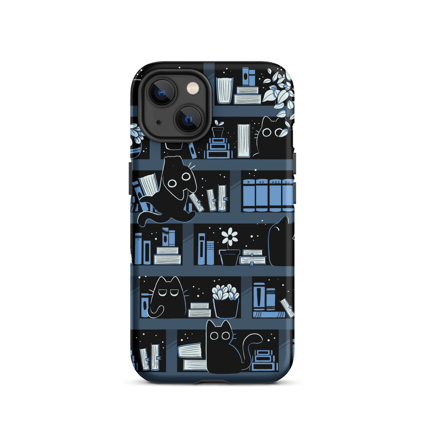 A pattern designed to resemble one large bookshelf filled with books, plants and playful little black kittens tucked between the shelves. An artwork in shades of black and blue, perfect for those who love cats, books and plants.