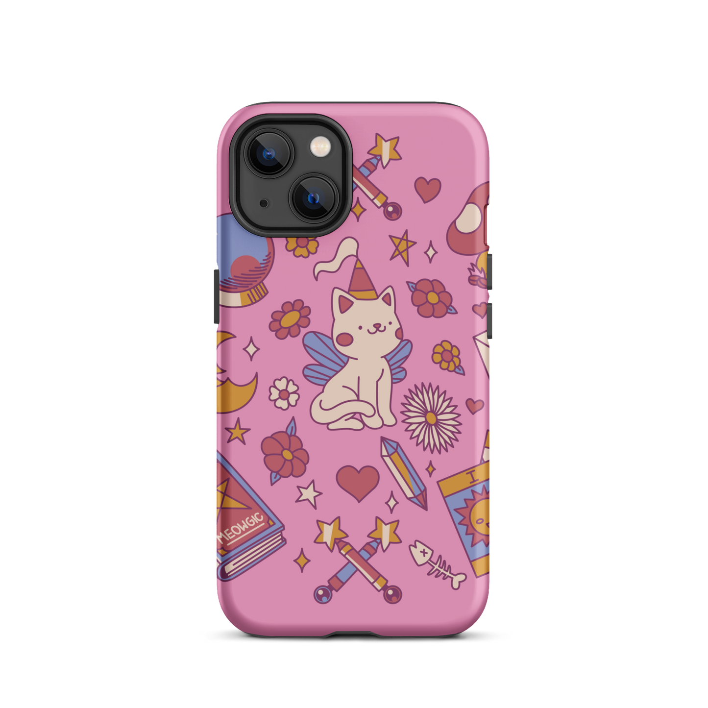 The artwork depicts a magical kitten with wings and a little hat, surrounded by crystals, flowers, tarot cards, mushrooms, and mystical elements in pastel shades. The design blends cute fantasy with colorful witchy aesthetics, creating an enchanting, lighthearted composition full of fun details. Perfect for lovers of cute mysticism, tarot, magical cats, and anyone who enjoys colorful prints with a magical vibe.