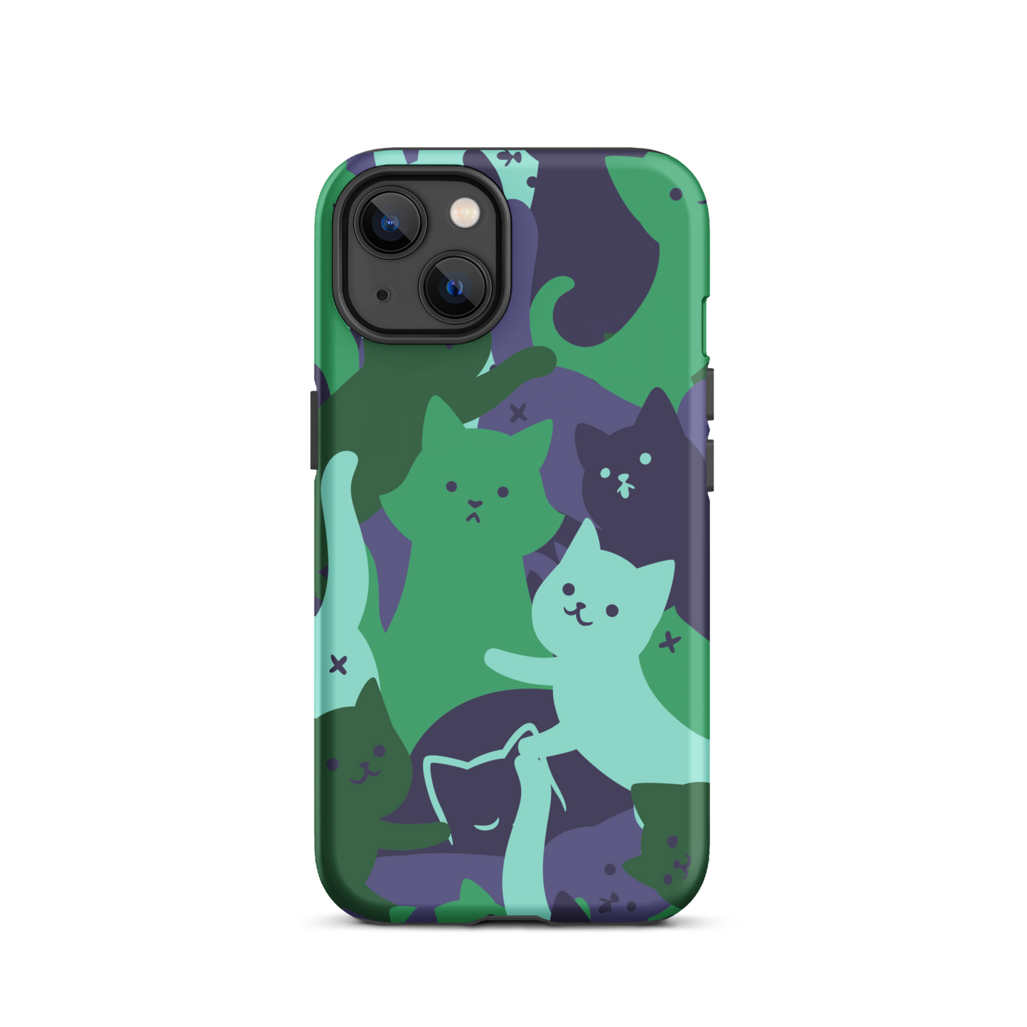 A playful pattern featuring multiple kittens in shades of green and blue, arranged to create a soft camouflage effect. This design blends cute cats with a modern pattern aesthetic, perfect for fans of fun, stylish, and whimsical art.
