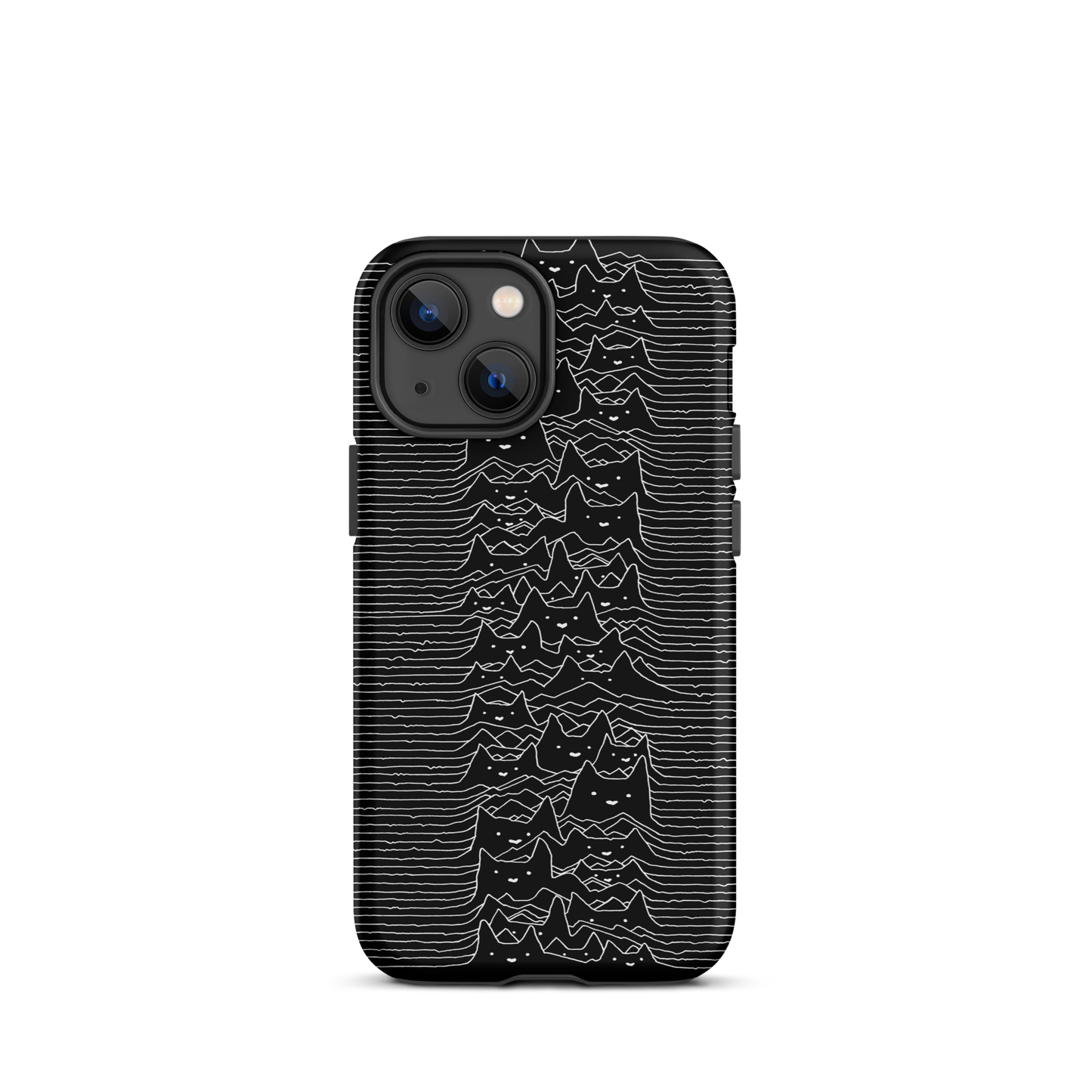 The drawing is a series of continuous wavy lines forming a pattern reminiscent of sound waves or topographic maps, but with an unexpected twist: the lines create the shapes of numerous cat faces stacked vertically. Each cat has simple, expressive features with pointed ears, adding a whimsical element to the otherwise structured pattern.