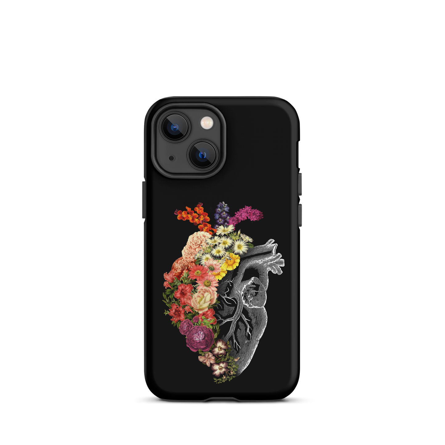 The design is an intricate and anatomical drawing of a human heart on a black background. The left side of the heart morphs into a vibrant assortment of colorful flowers, including roses, daisies, and other blooming blossoms, creating a striking contrast between the realistic and the surreal, symbolizing the harmony between nature and humanity.