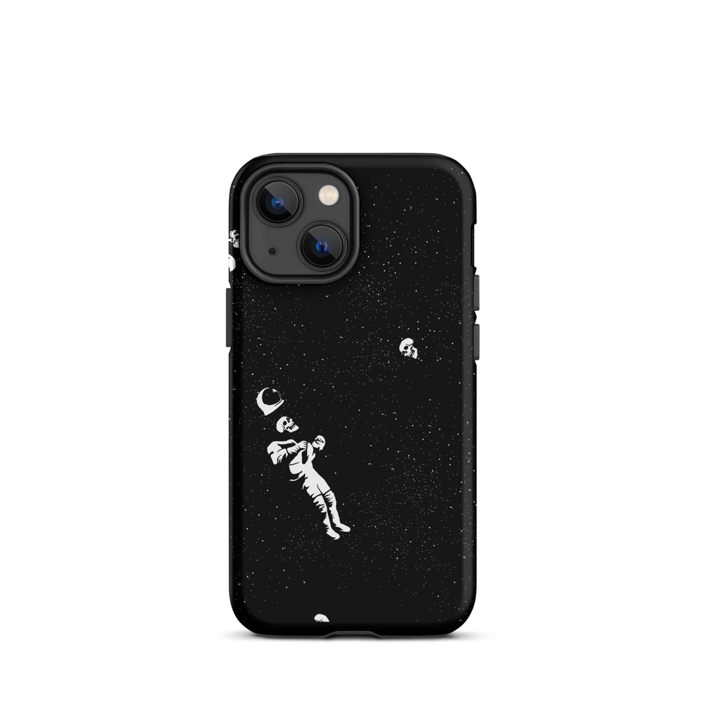 This image features a white astronaut figures floating in a dark, starry space background. The astronaut is surrounded by small celestial bodies and crescent moons, giving a sense of drifting through the cosmos. The design is intricate and has a whimsical, dreamy quality, with a vintage-inspired look, evoking a sense of exploration and wonder.