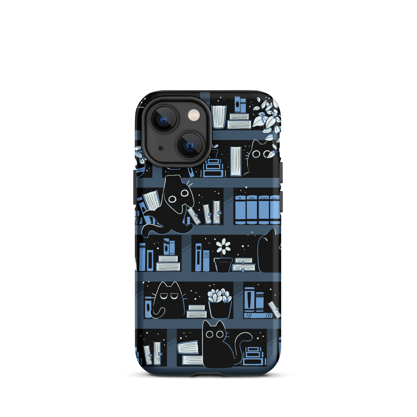 A pattern designed to resemble one large bookshelf filled with books, plants and playful little black kittens tucked between the shelves. An artwork in shades of black and blue, perfect for those who love cats, books and plants.