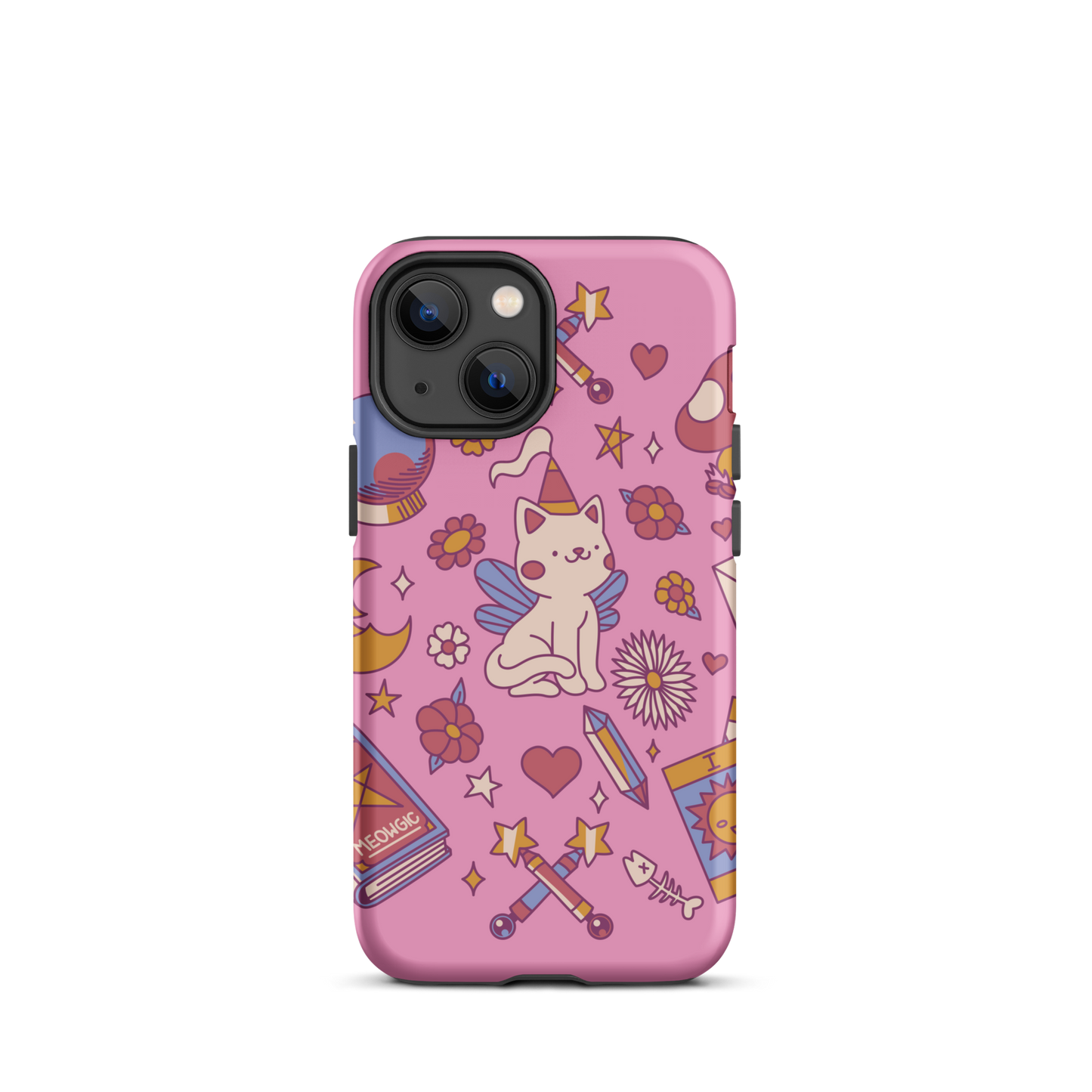 The artwork depicts a magical kitten with wings and a little hat, surrounded by crystals, flowers, tarot cards, mushrooms, and mystical elements in pastel shades. The design blends cute fantasy with colorful witchy aesthetics, creating an enchanting, lighthearted composition full of fun details. Perfect for lovers of cute mysticism, tarot, magical cats, and anyone who enjoys colorful prints with a magical vibe.