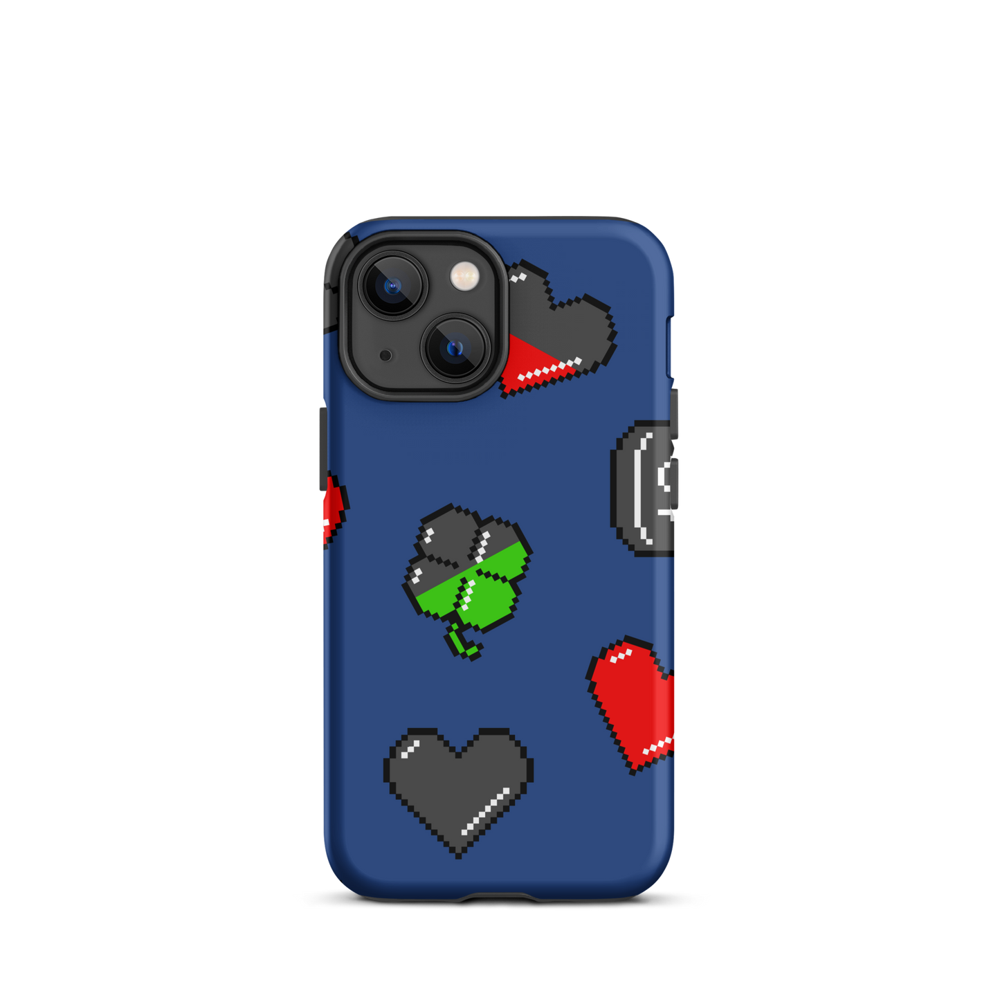 A repeating pattern made of 8-bit video game icons like hearts, four-leaf clovers, and coins. A nostalgic pixel art design inspired by classic games and retro digital culture.