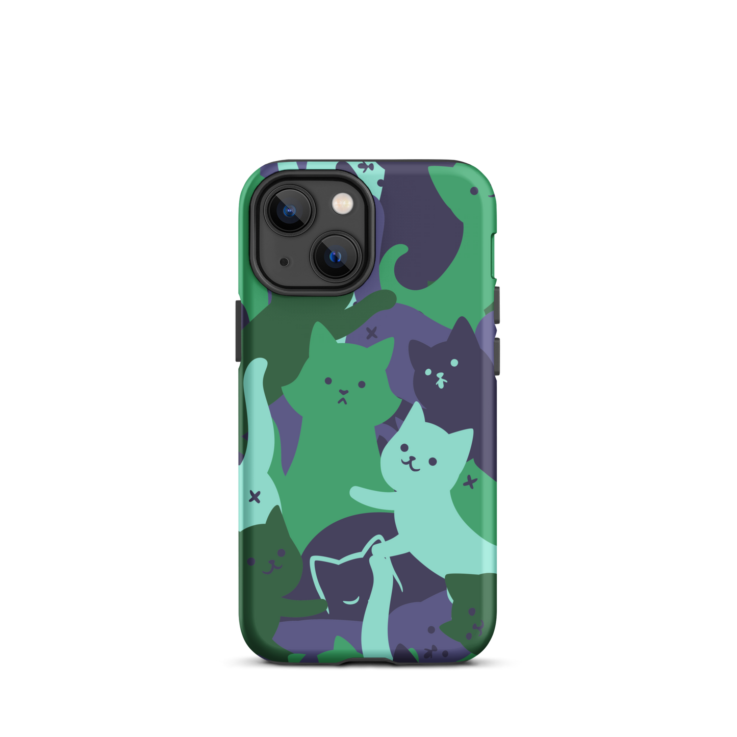 A playful pattern featuring multiple kittens in shades of green and blue, arranged to create a soft camouflage effect. This design blends cute cats with a modern pattern aesthetic, perfect for fans of fun, stylish, and whimsical art.