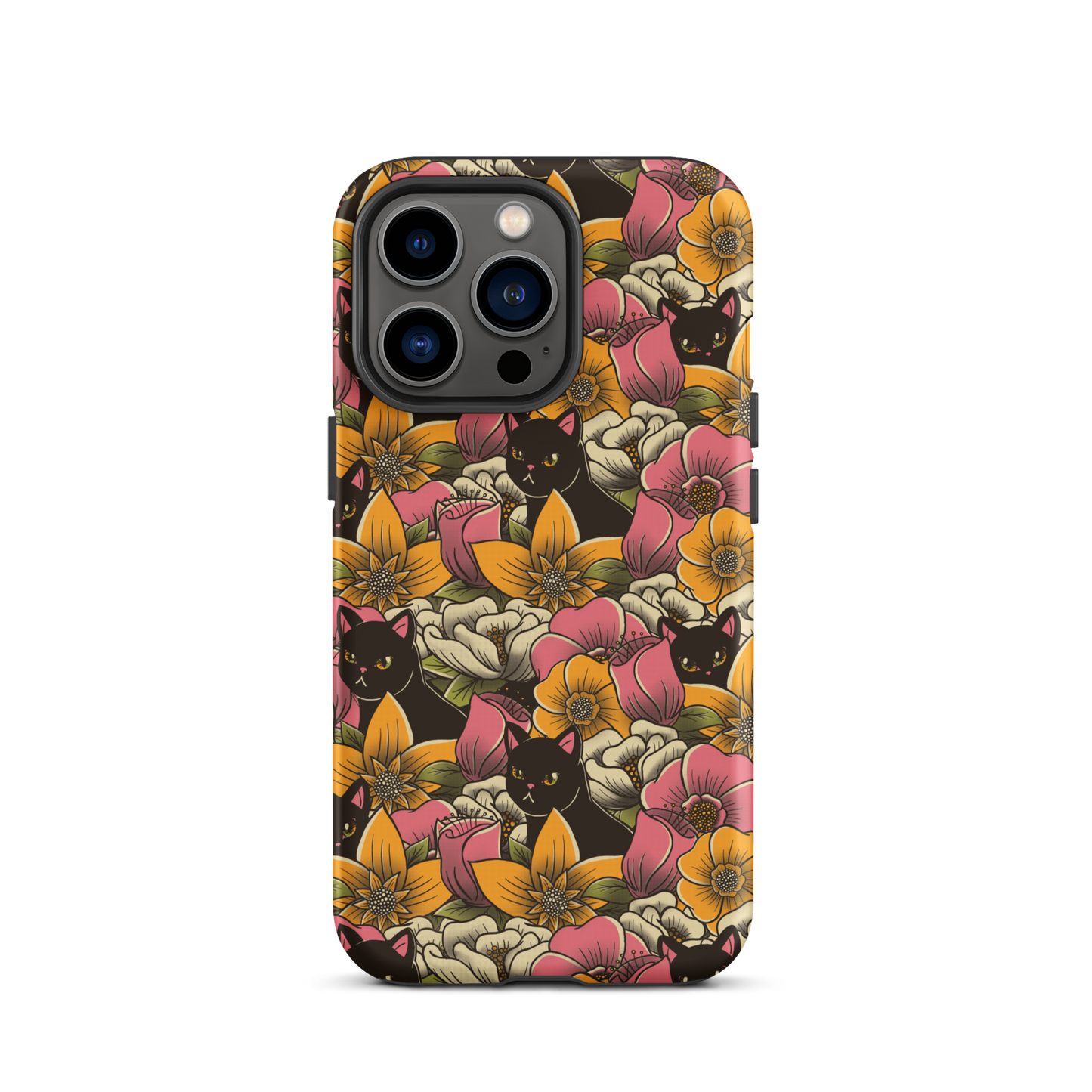 The image features a repeating pattern of colorful flowers in pink, yellow, and cream hues with lush green foliage. Interspersed among the flowers are playful black cats with bright eyes. The design has a whimsical and vibrant feel, ideal for various products like t-shirts, stickers, coffee cups, and skateboards. The style is reminiscent of traditional floral art blended with playful elements of animal decor.