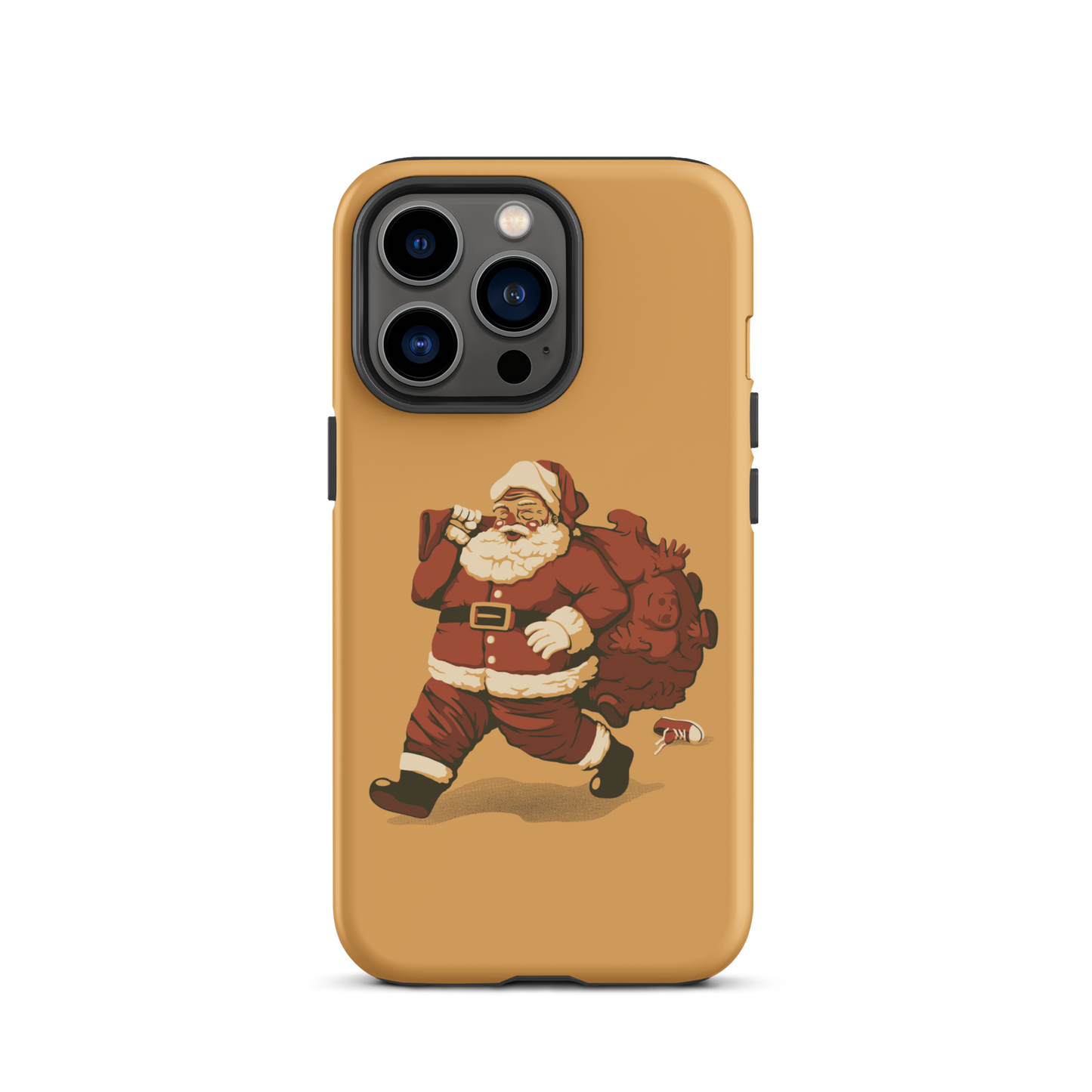 A cute Santa Claus carrying a red bag full of what appear to be gifts, but when you look closer you can see that there are several little boys. A fun art that mixes up the story that the good boys are going to get charcoal from Santa, but this time Santa is taking them.