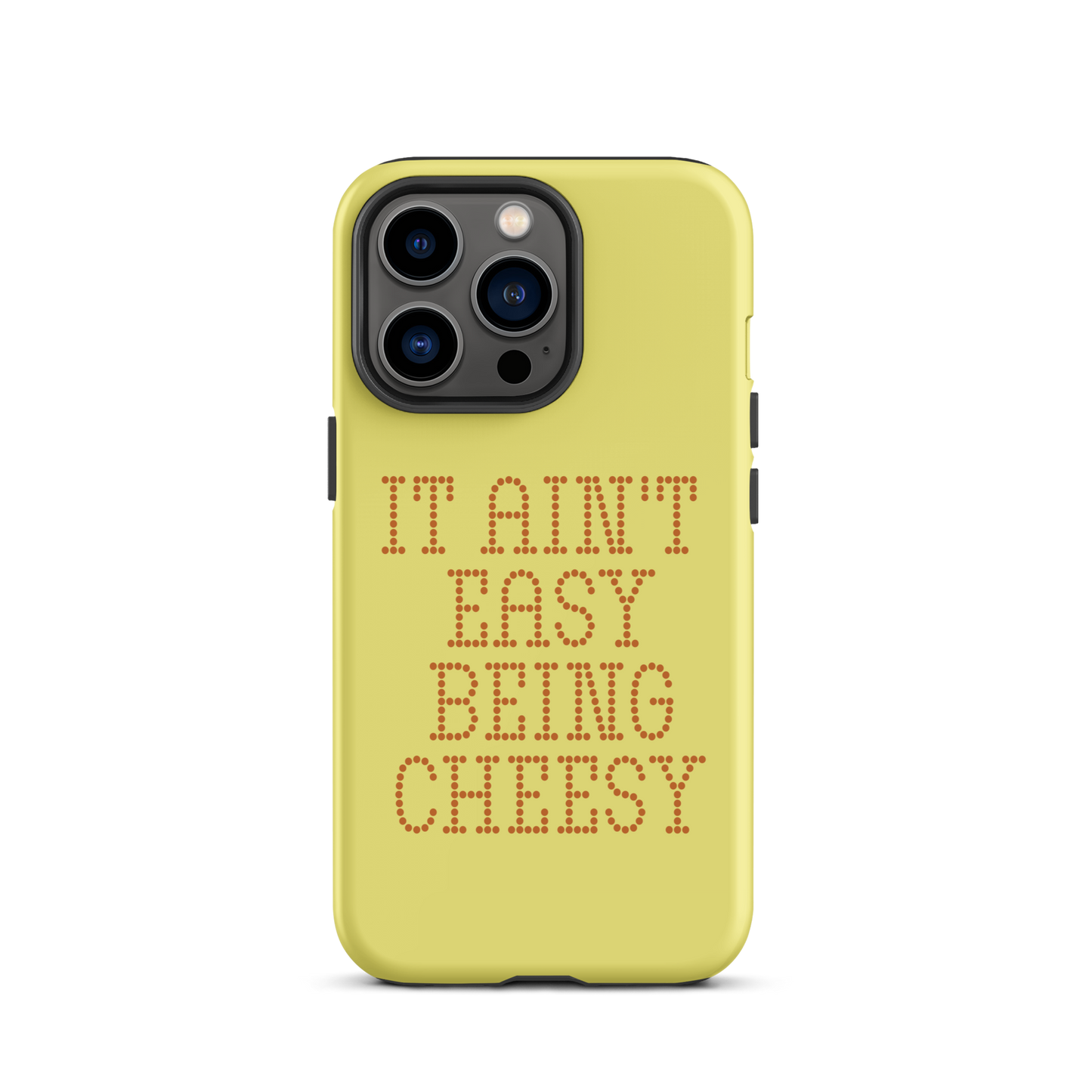 Bold dotted typography spells out ‘It Ain’t Easy Being Cheesy’ in a playful retro style on a yellow background. This funny design mixes wordplay with foodie humor, perfect for pun lovers, cheese fans, retro humor enthusiasts, and anyone who embraces the cringe with pride. A great quirky gift for cheese lovers and humor fans alike.