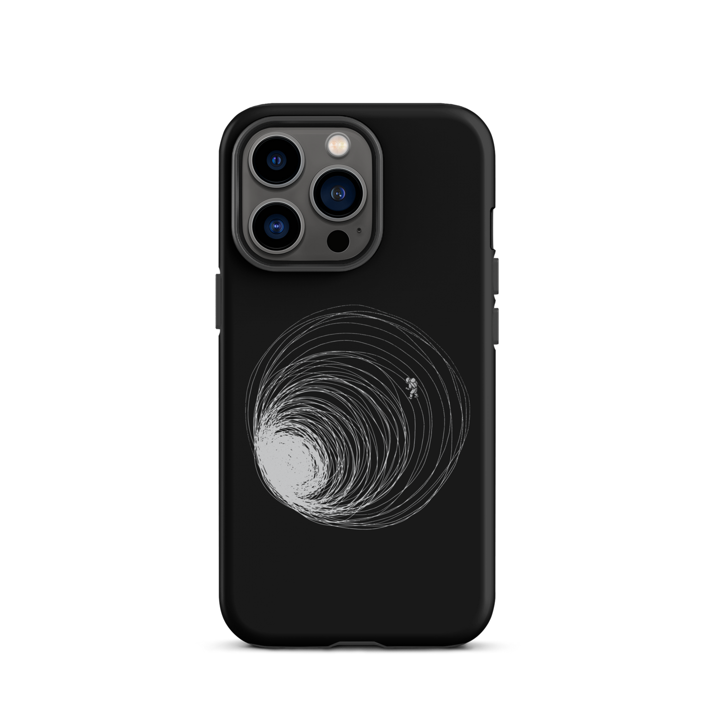 A big black hole with an astronaut floating around as if being sucked into it. A minimalist art perfect for those who love space.