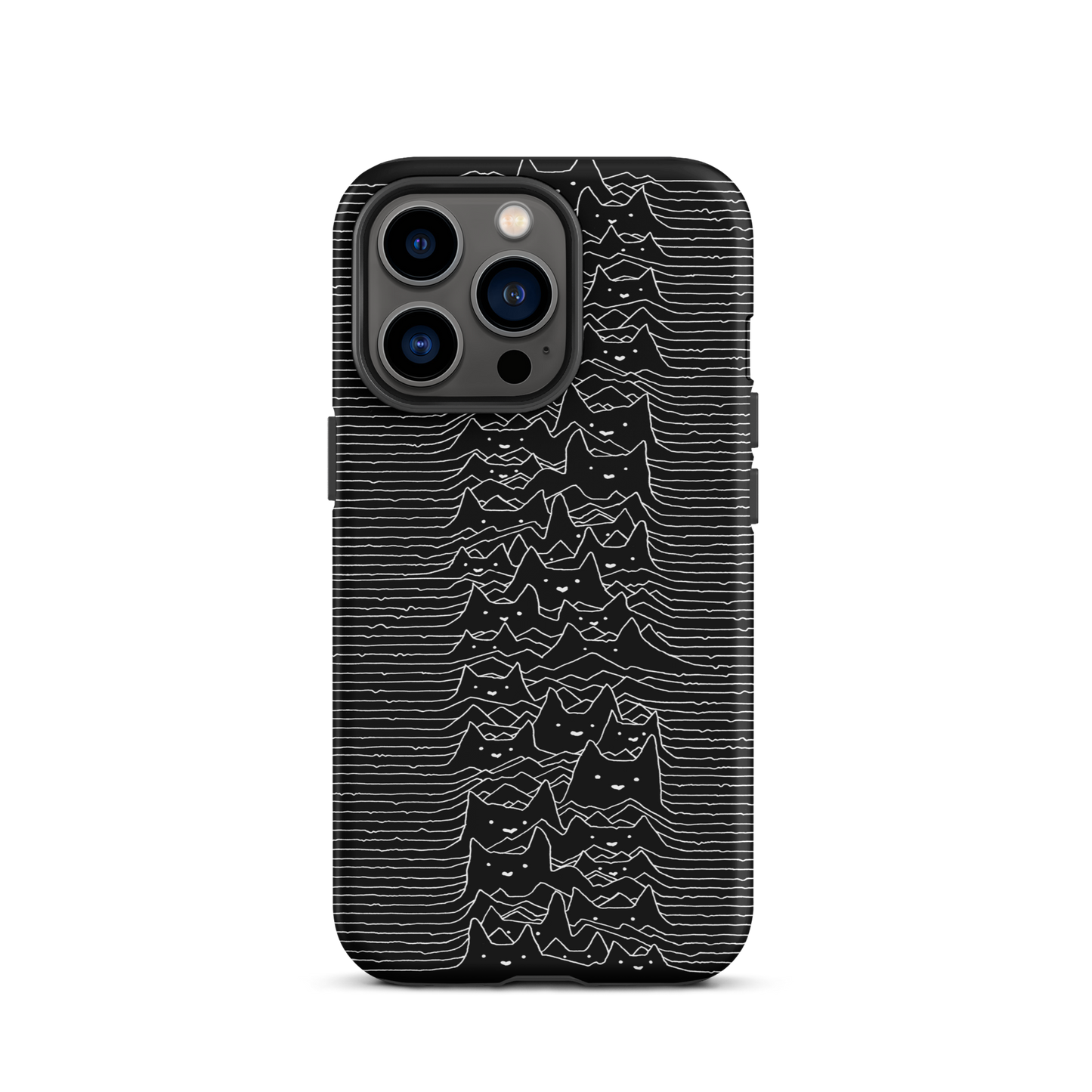 The drawing is a series of continuous wavy lines forming a pattern reminiscent of sound waves or topographic maps, but with an unexpected twist: the lines create the shapes of numerous cat faces stacked vertically. Each cat has simple, expressive features with pointed ears, adding a whimsical element to the otherwise structured pattern.