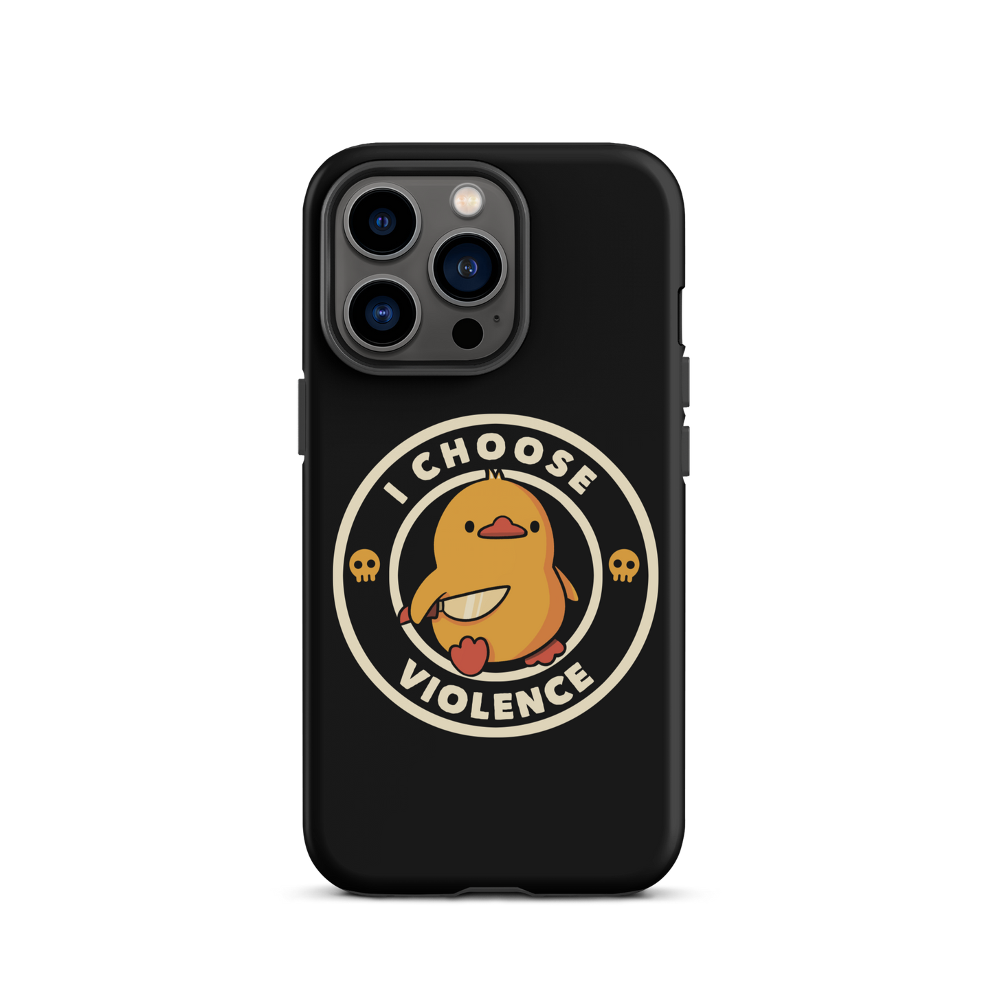 A cute, cartoon-style yellow duckling stands confidently holding a large knife in its wing. The duckling is encircled by text saying 'I CHOOSE VIOLENCE' in bold white letters. Small skull symbols flank the chick on either side, adding a touch of humor and irony to the otherwise adorable drawing.