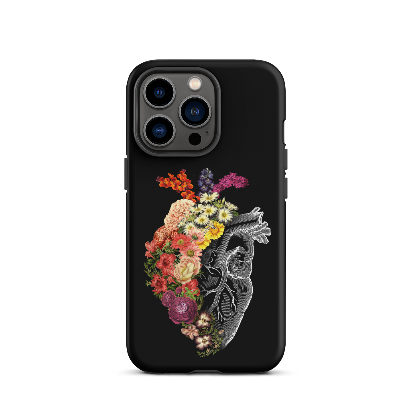 The design is an intricate and anatomical drawing of a human heart on a black background. The left side of the heart morphs into a vibrant assortment of colorful flowers, including roses, daisies, and other blooming blossoms, creating a striking contrast between the realistic and the surreal, symbolizing the harmony between nature and humanity.