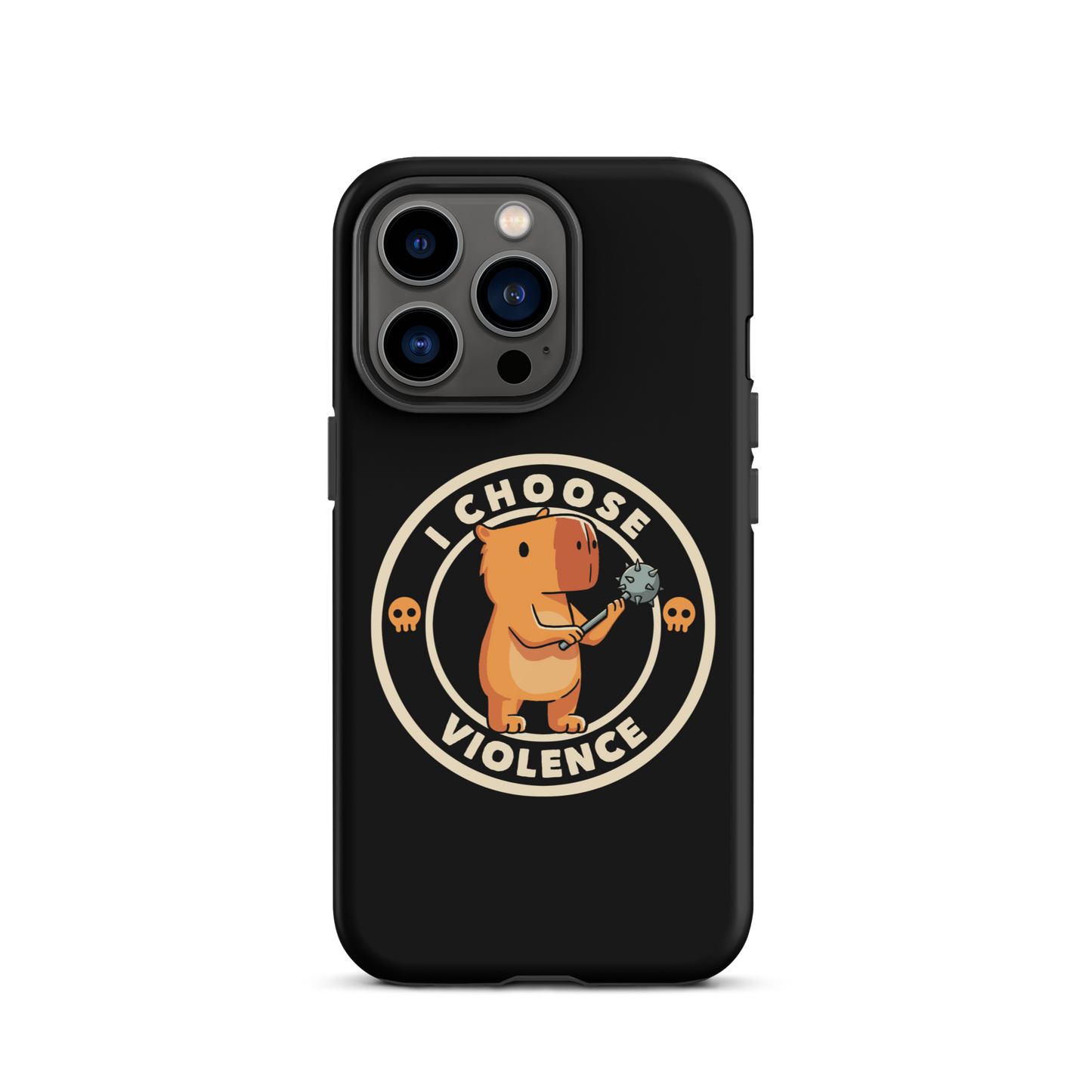 A cute, cartoonish burnt yellow capybara stands holding a spiked mace with a determined expression. Surrounding it is a circular design with the text 'I CHOOSE VIOLENCE' and two small skulls on either side, giving it a humorous yet ironic tone.