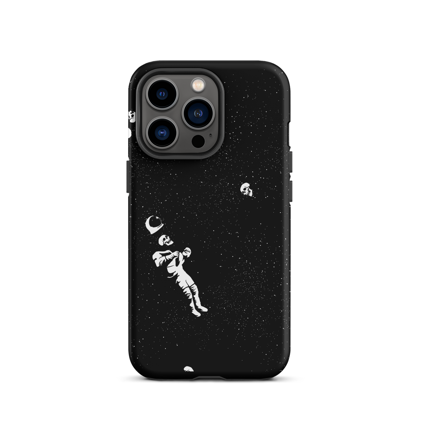 This image features a white astronaut figures floating in a dark, starry space background. The astronaut is surrounded by small celestial bodies and crescent moons, giving a sense of drifting through the cosmos. The design is intricate and has a whimsical, dreamy quality, with a vintage-inspired look, evoking a sense of exploration and wonder.